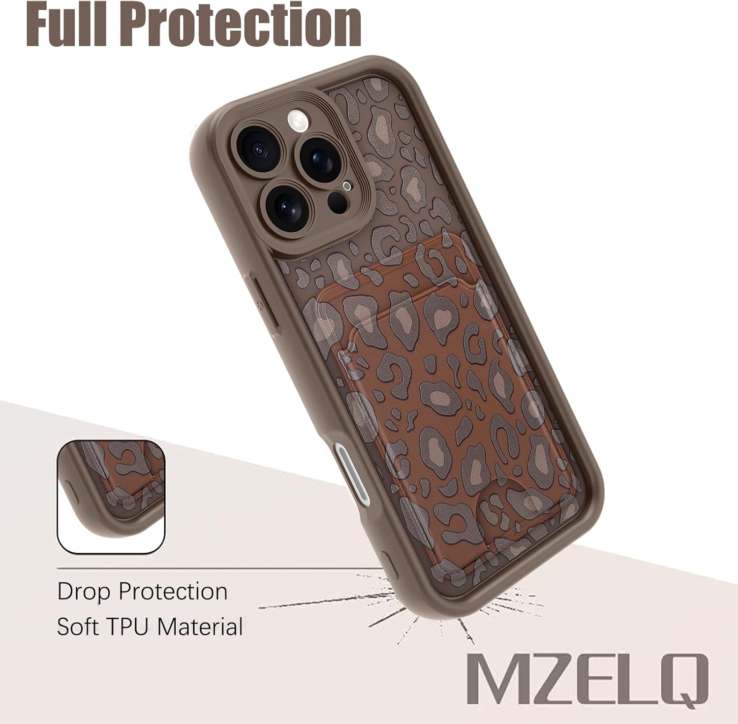 MZELQ Compatible with iPhone 16 Pro Case Silicone Card Holder, Cute Pattern Leopard Cheetah Cover for Girls Women -Brown - Image 5