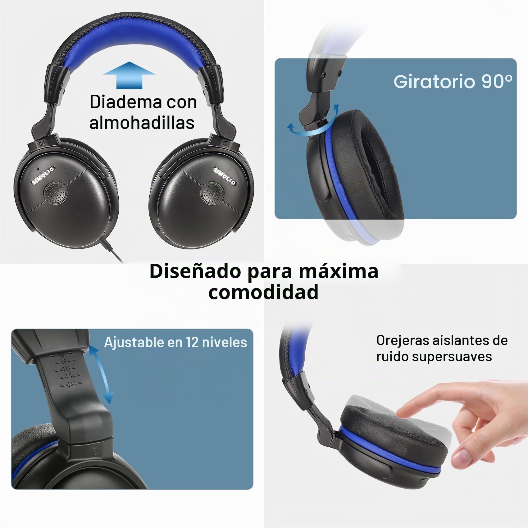 SIMOLIO Auriculares con cable extra largo para TV, amplificación de volumen y diálogo claro, cable de bobina de 5,5 m, auriculares sobre la oreja para personas mayores