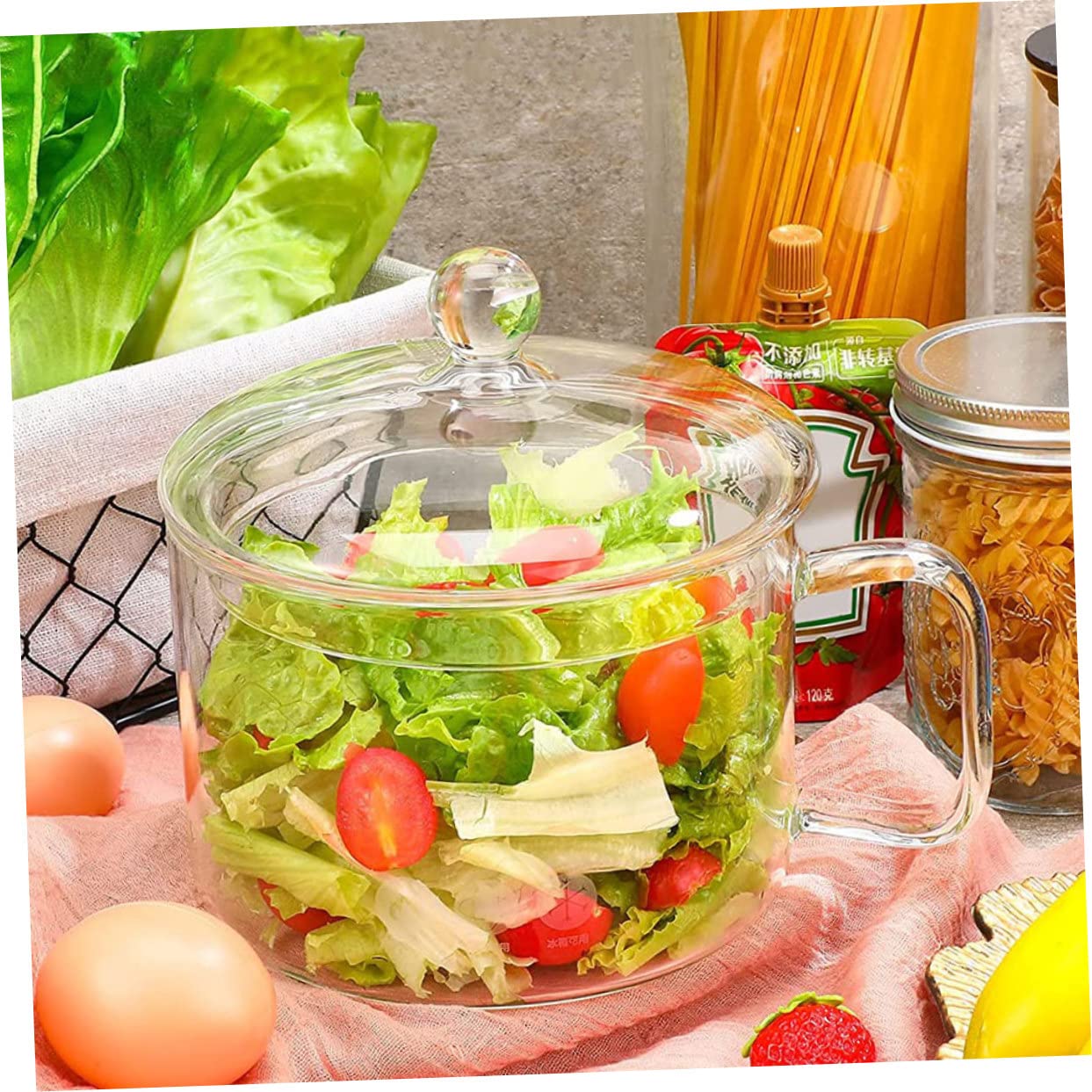 Olla de Vidrio para Fideos Tapa y Asa, Gran Capacidad | Vidrio Plata, Calentamiento Seguro, Formato para Noodles y Comida de Ñiño