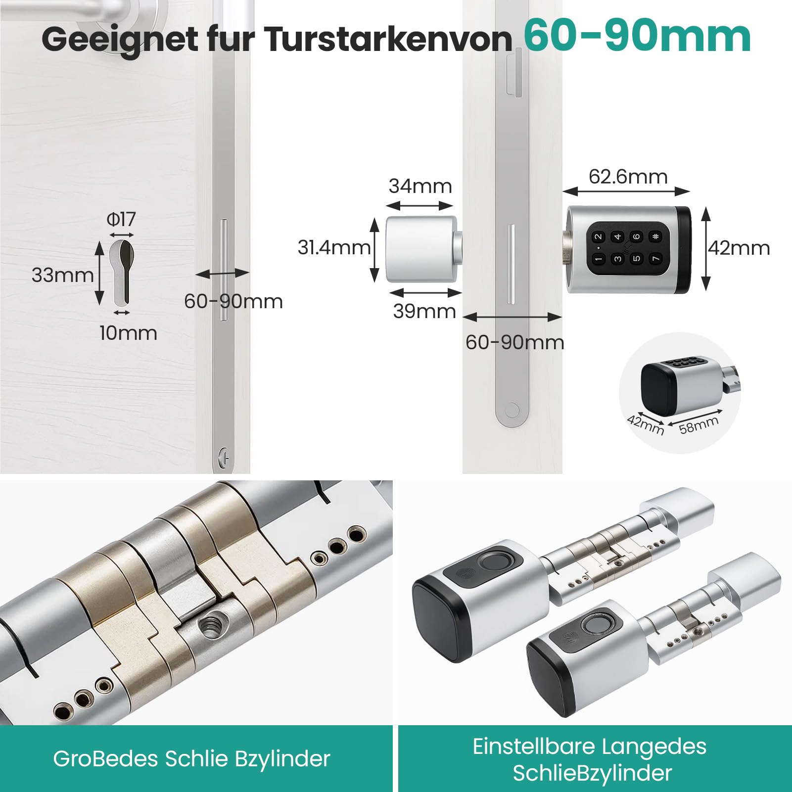 Smartes Türschloss mit Fingerabdruck, Passwort & RFID, Elektronischer Schließzylinder 60–90 mm, APP & Schlüssel, Smart Lock für Haustür/Wohnung/Büro, Kompatibel mit EU-Standardzylinder