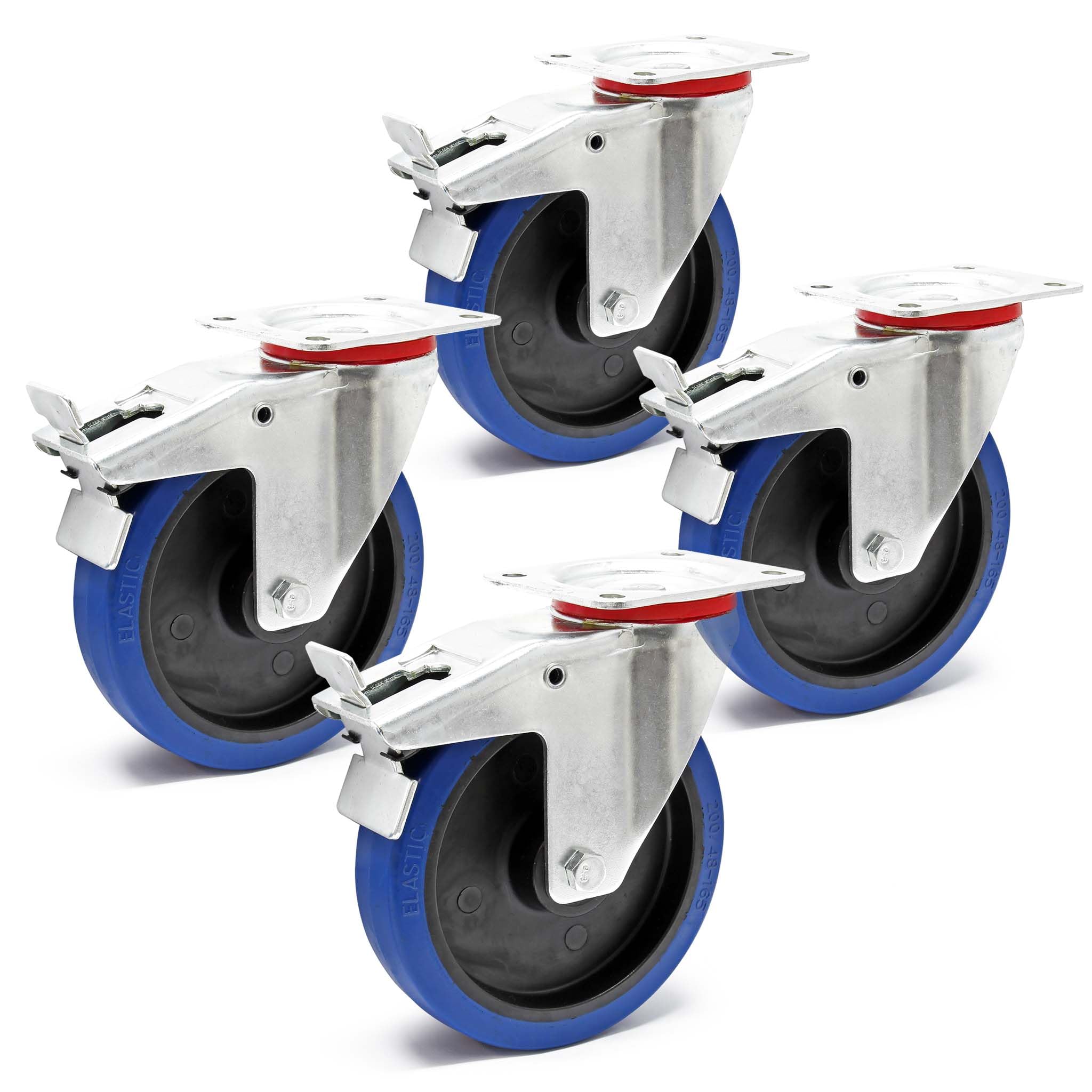 Set Da 4 Ruote Girevoli In Gomma Con Freno, Diametro 100 Mm, Carico Max 400 Kg, Piastra 93x63 Mm, Per Mobili E Pavimenti Duri