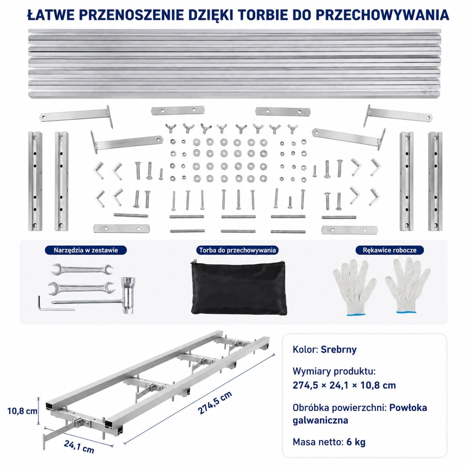 Srebrny system prowadnic do przenośnego traka łańcuchowego z aluminium i żelaza, do prac z drewnem