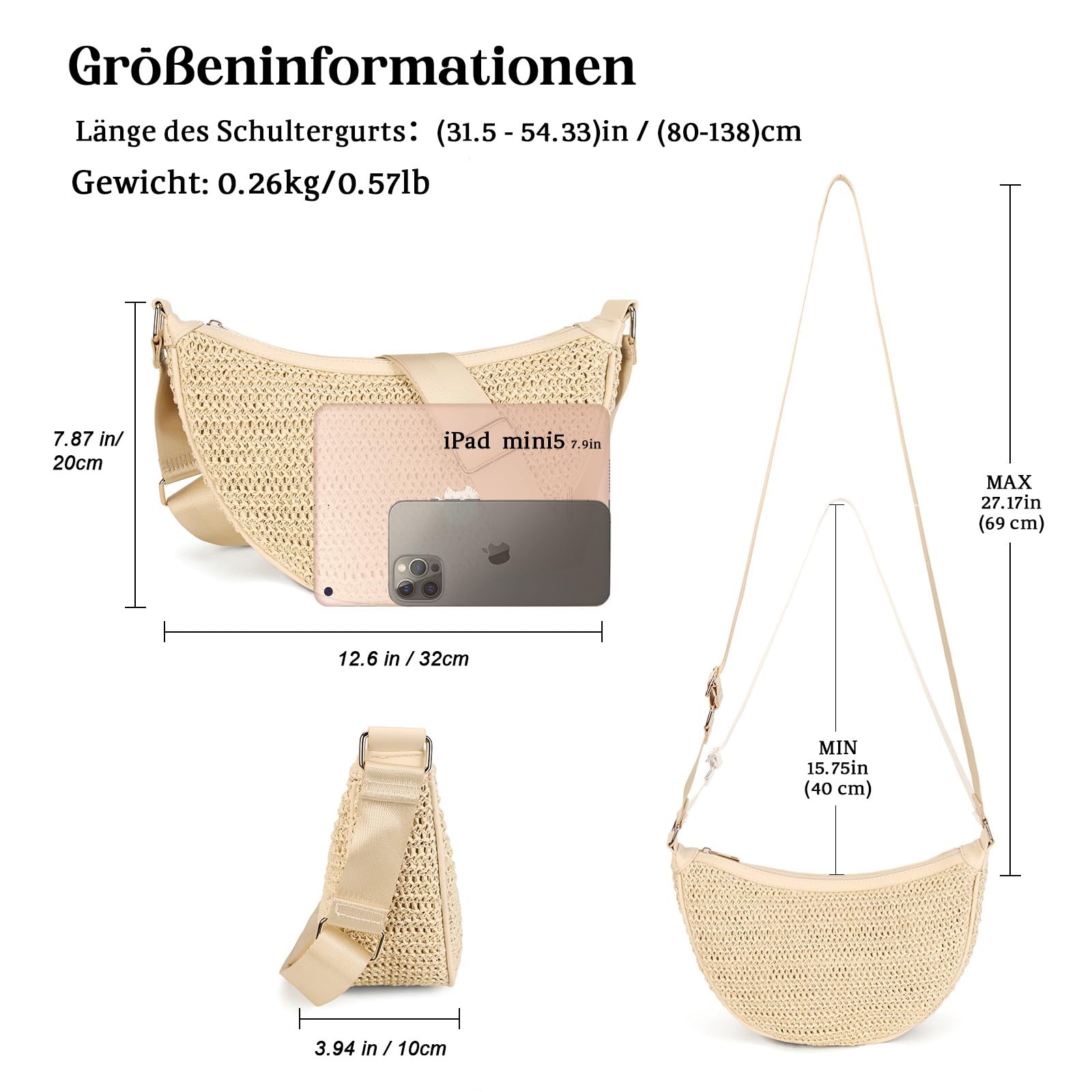 Gladdon Sac à bandoulière en paille pour femme en demi-lune - Sac à bandoulière tressé bohème - Sac à bandoulière léger - Sac de plage