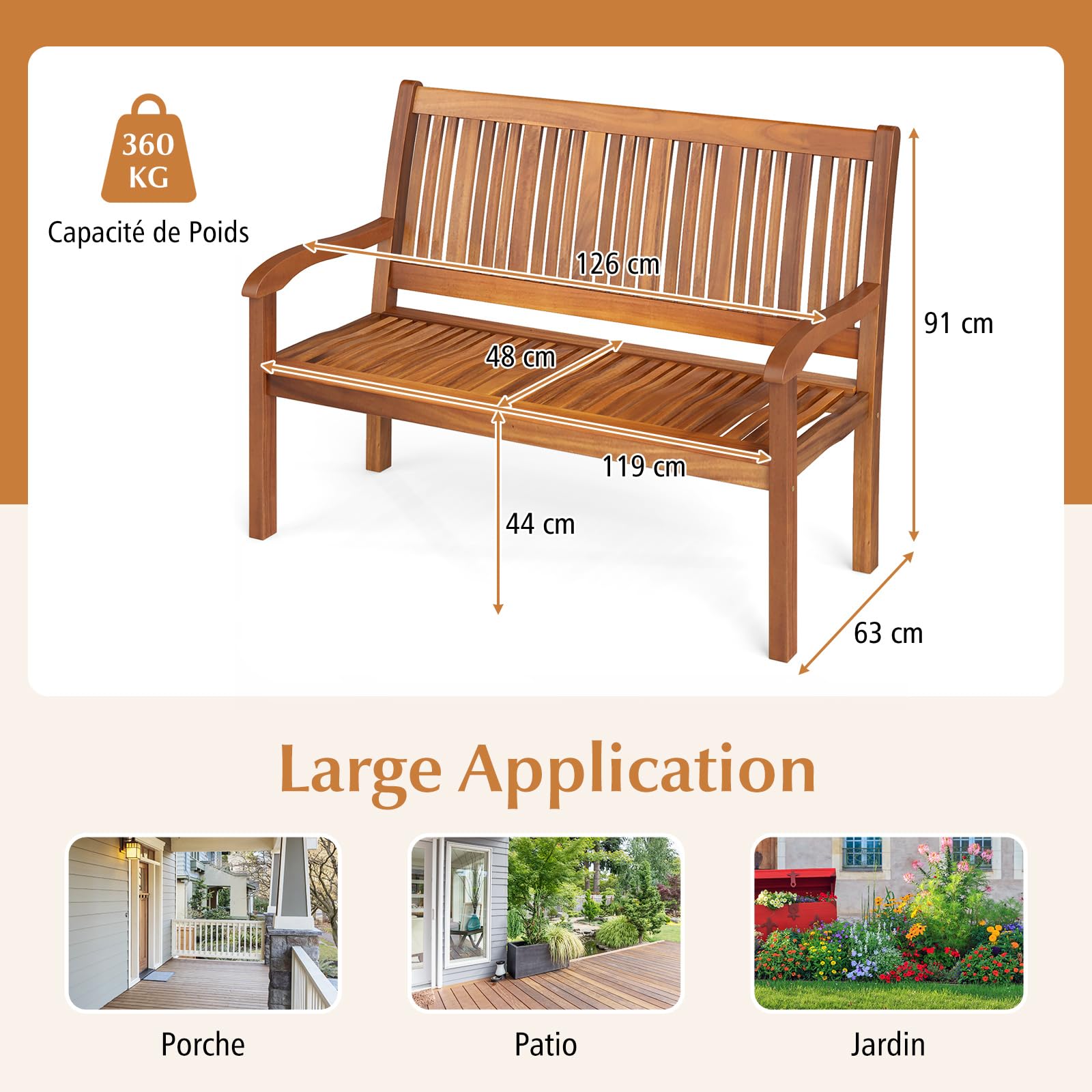 COSTWAY Banc de Jardin, Bois d’Acacia, 126 x 63 x 91 cm, Charge 322kg, 2 Personnes, Dossier Incliné, Accoudoir Incurvé, Banc Exterieur Jardin pour Terrasse Porche Cour