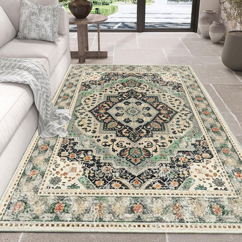 Poowe Alfombra verde floral lavable, estilo bohemio, elegante, diseño desgastado, no desprende pelusa, fácil cuidado, ideal para zonas de alto tráfico en sala de estar, dormitorio, oficina, cocina,
