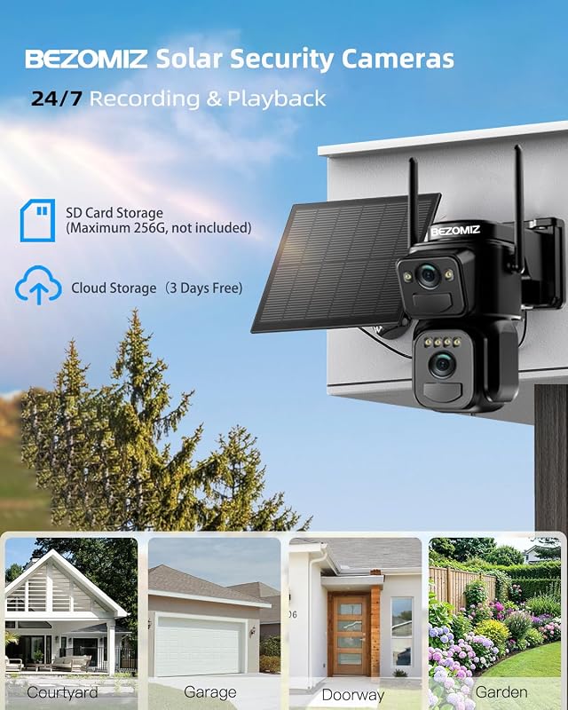 BEZOMIZ 4K WiFi Biztonsági Kamera Kettős Lencse 360° PTZ Éjjellátó Napelem Emberfigyelés