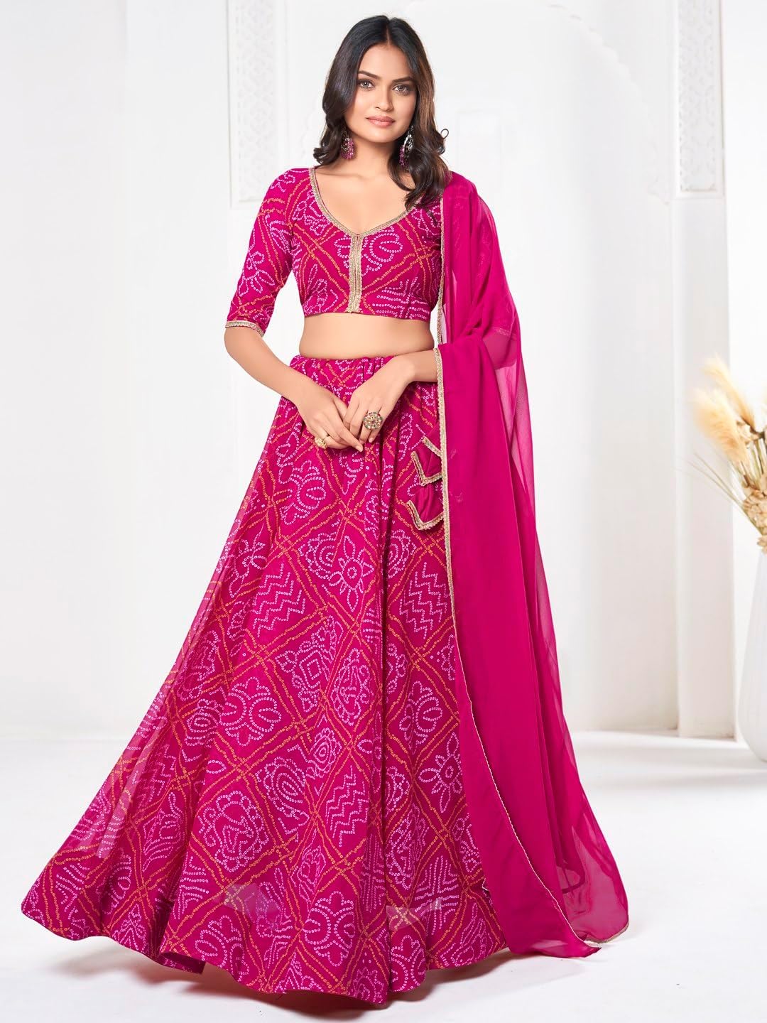 Women's Bandhani Printed Lehenga Choli with Dupatta, Festive Ethnic Wear, Festive and Wedding Occasion