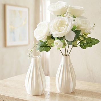 Shatterproof Small Bud Vases for Centerpieces - 2-Piece Waterproof & Weighted Mini Flower Vases 5.1" H with White Peonies - Modern Table Decor for Weddings Parties & Events