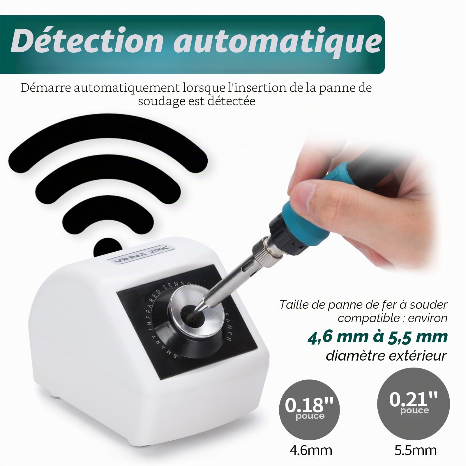 YIHUA 200C Nettoyeur de panne de fer à souder motorisé avec capteur infrarouge, 4 brosses en laiton et adaptateur secteur 12V. Compatible série 900M, série 907, série 902 (EU Plug)