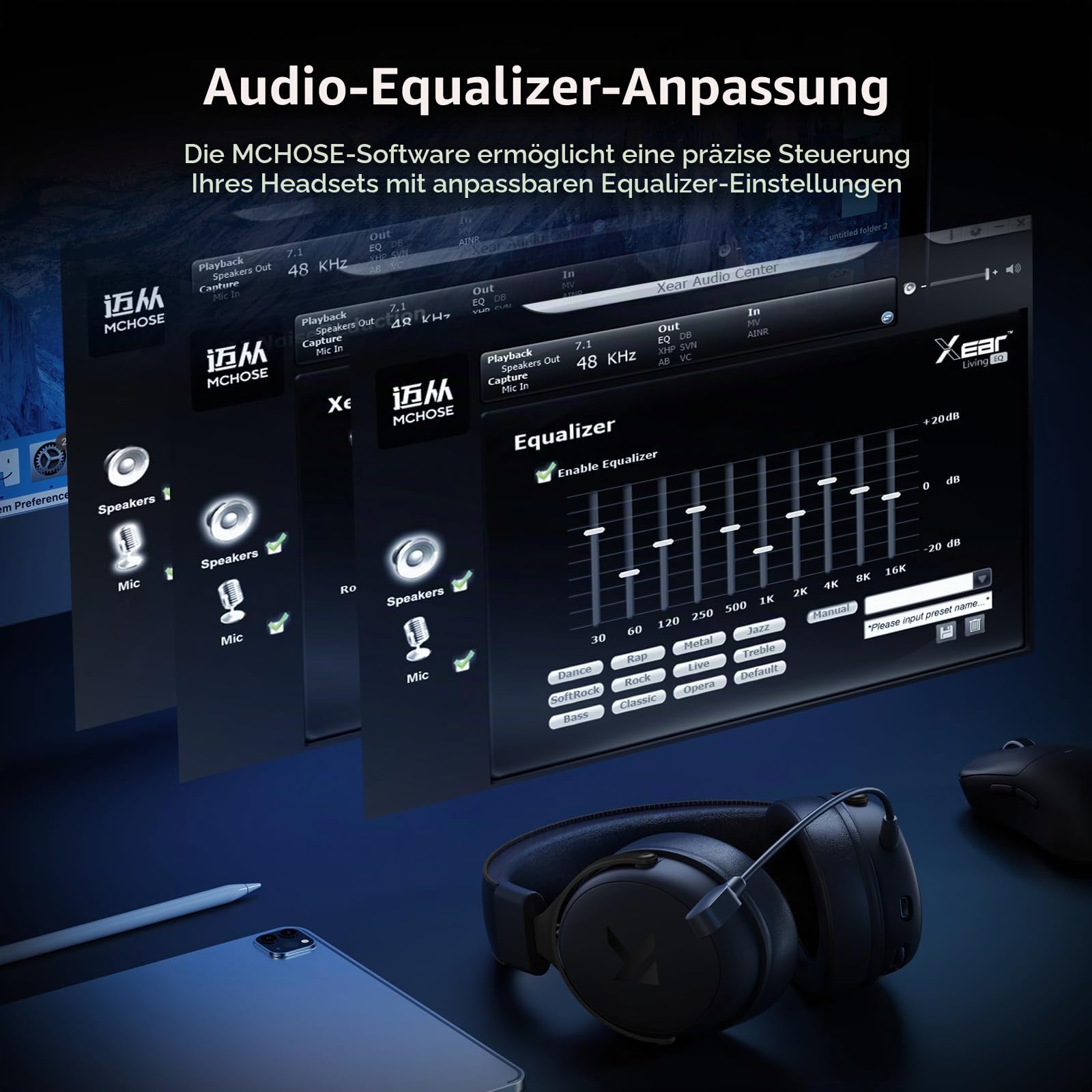MCHOSE V9 Pro Kabelloses Gaming-Headset, 7.1 Surround-Sound | 53-mm-Neodym-Treiber, bis zu 40 m Reichweite, 15 ms niedrige Latenz, anpassbarer EQ, PC, PS5, Switch