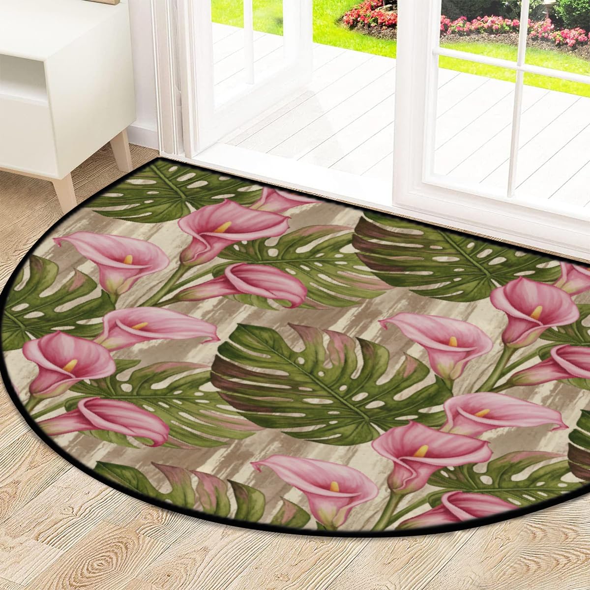 Große halbrunde Fußmatte – Retro-Palmblatt-Blumenmuster, rutschfest, saugfähig, halbrund, Eingangsbereich, niedlich, weich, halbrund, waschbar, Teppich für Küche, Badezimmer, Schlafzimmer, 160