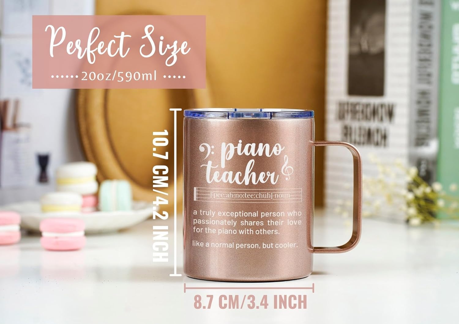 Onebttl Piano Teacher Gift for Women, 12oz/350ml Stainless Steel Insulated Coffee Mug with Lid - Rosegold - Image 7