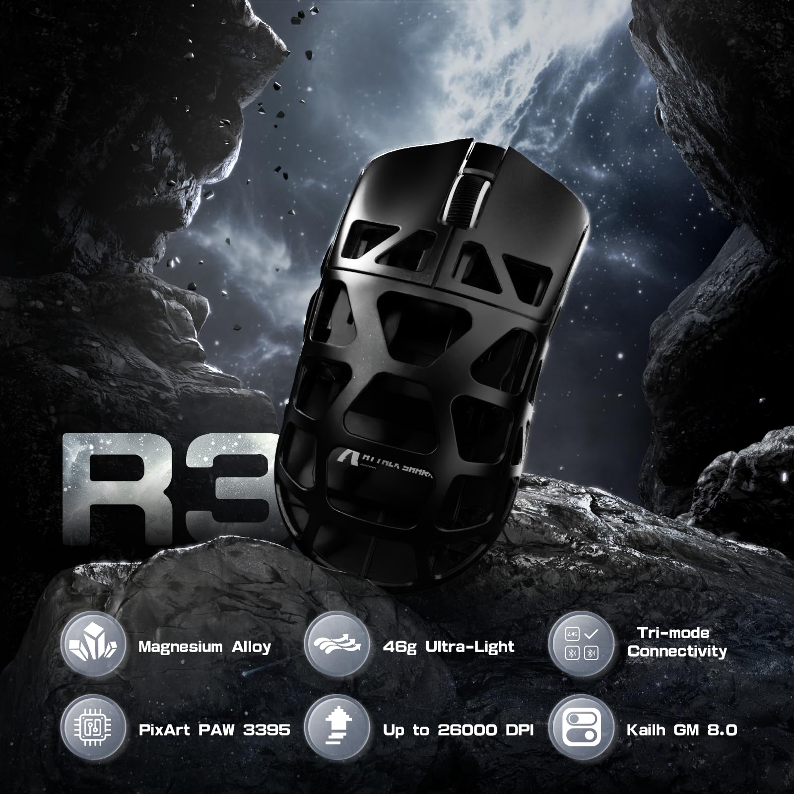 ATTACK SHARK R3PRO 46 g, bardzo lekka mysz ze stopu magnezu, 8000 Hz, 26000DPI, 2,4G/BT/przewodowa, czujnik PixArt PAW3395, G502, programowalna mysz z kablem spiralnym, PC/Mac, czarna