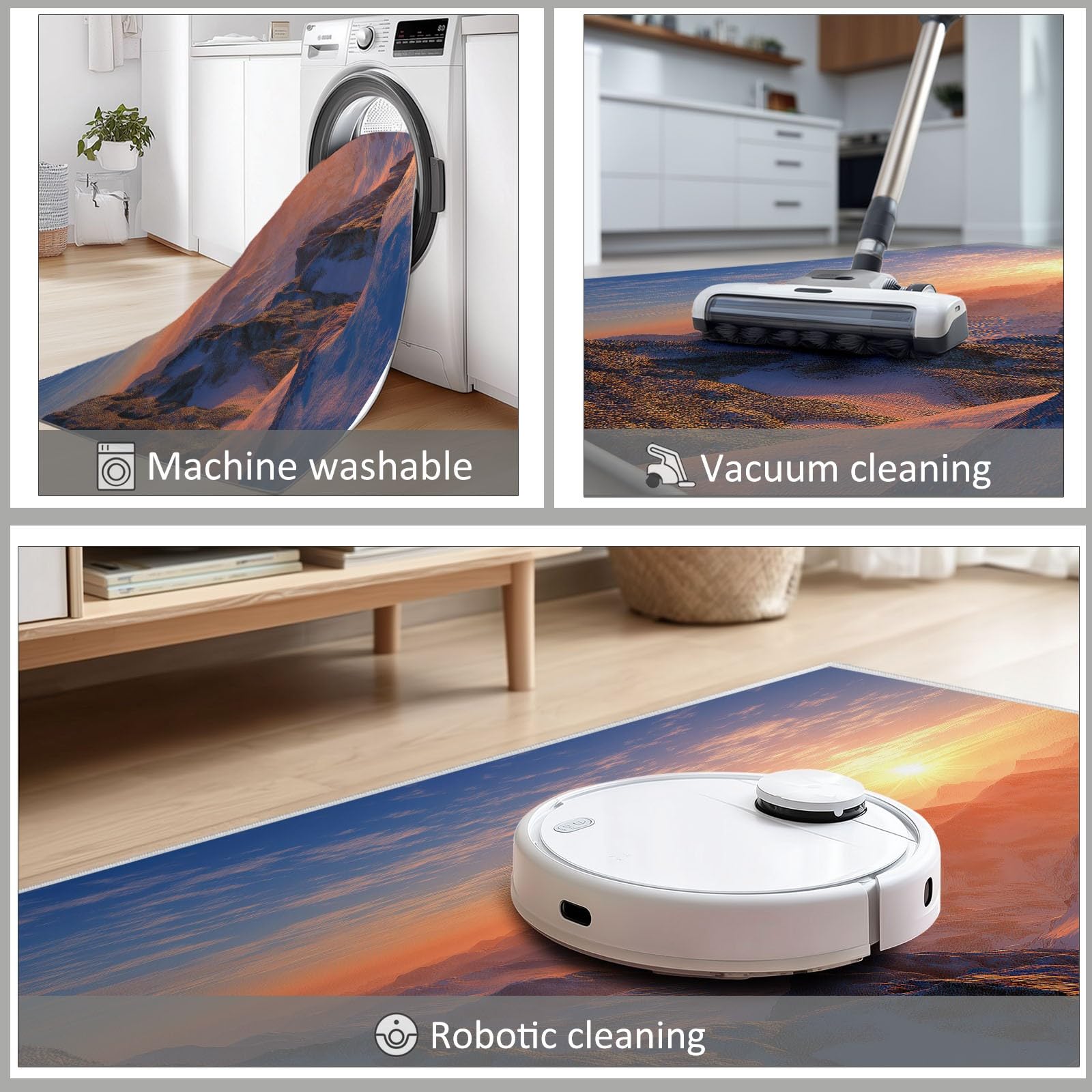 Genérico Alfombras Lavables para Sala de Estar Sol y Montañas Fotografía Paisaje Natural 80 x 150 cm, de Pelo Corto Suaves para Dormitorio - Antideslizantes, esponjosas de Lana sintética con Efecto