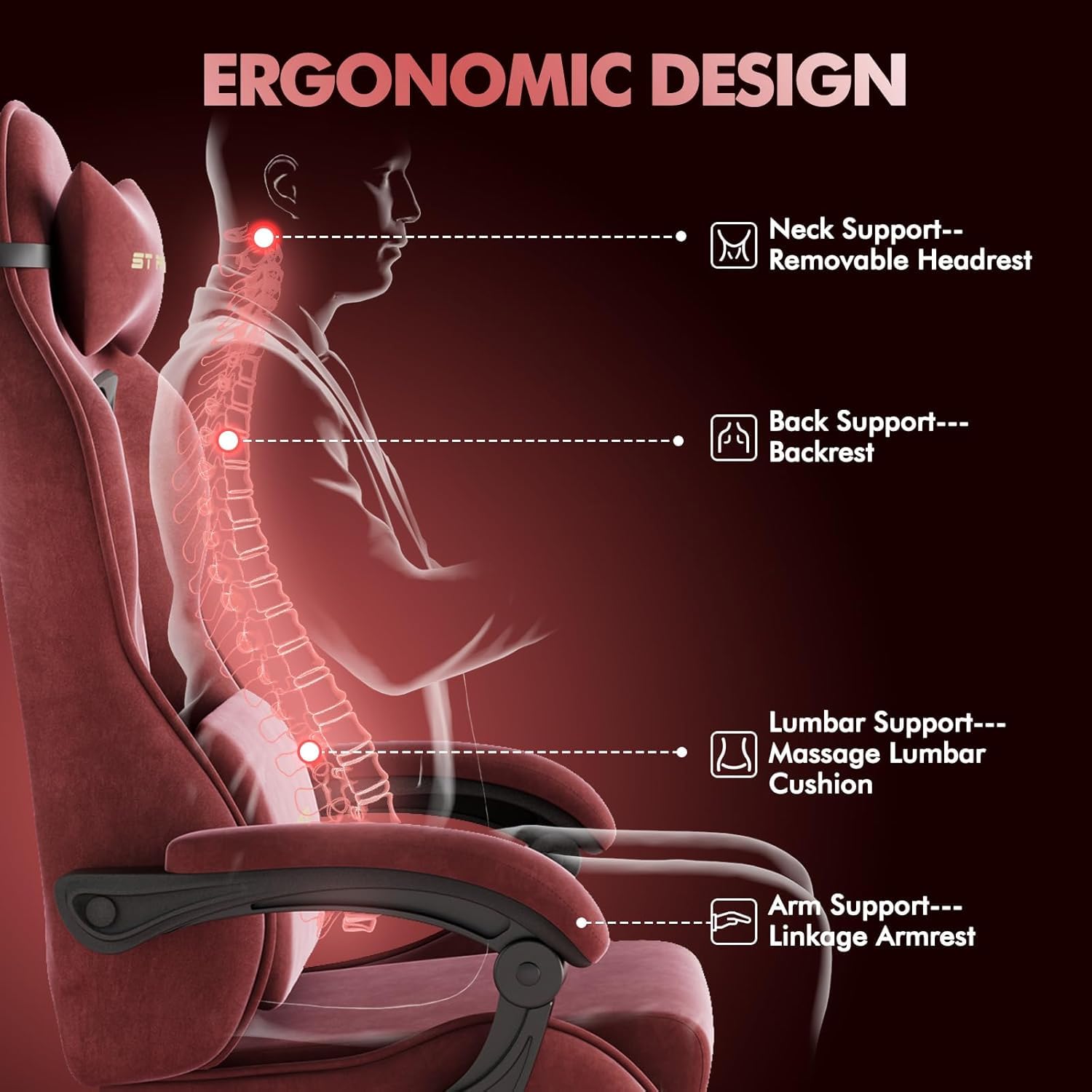 Silla Gaming Ergonómica con Masaje de Cintura,Silla Gamer Reposapiés y Reposacabezas Retráctil,Silla Oficina Material de Terciopelo cómodo,Rojo