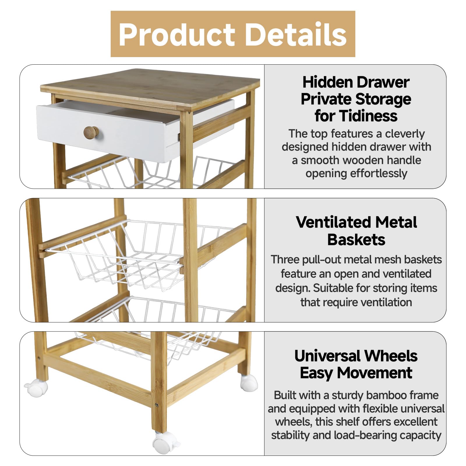 Carrello da cucina ausiliario in legno e bambù 35 x 36 x 74,5 cm con ruote, 1 cassetto in legno + 3 cestini estraibili - colore naturale e bianco