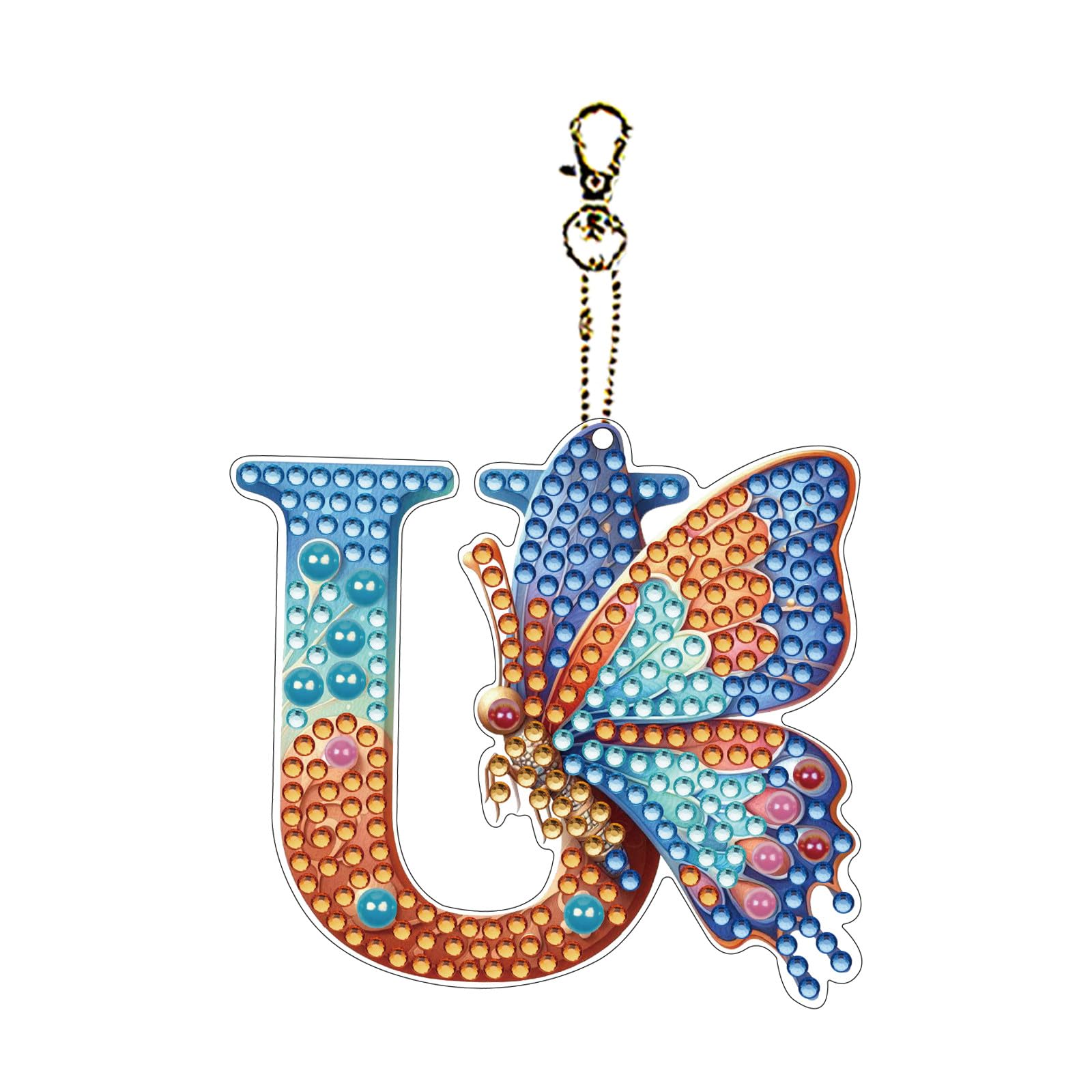DIY A-Z 26 Letters Diamond Art Painting Butterfly Keychains, 5D Diamond Art Key Rings Hanging OrnamentsButterfly Keychain Pendants-U