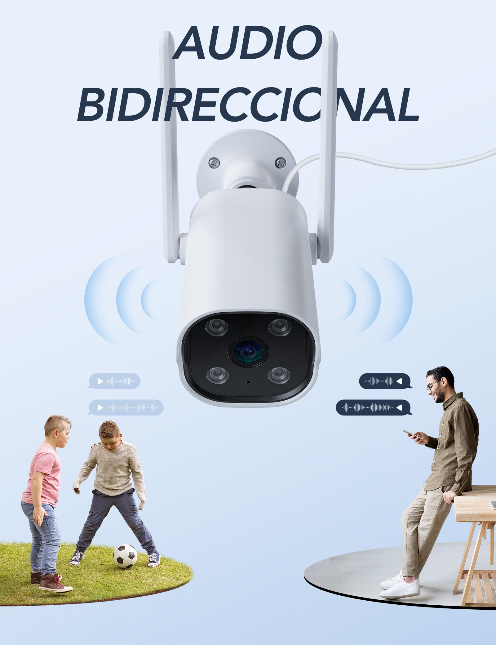 GNCC Cámara Vigilancia WiFi Exterior 2K GT1PRO, Kit 2 Unidades, Fija, IP65, Solo WiFi a 2,4 GHz, Detección Movimiento, Audio Bidireccional, 24/7, Sirena, Se Requiere Suscripción a la Nube, Enchufe