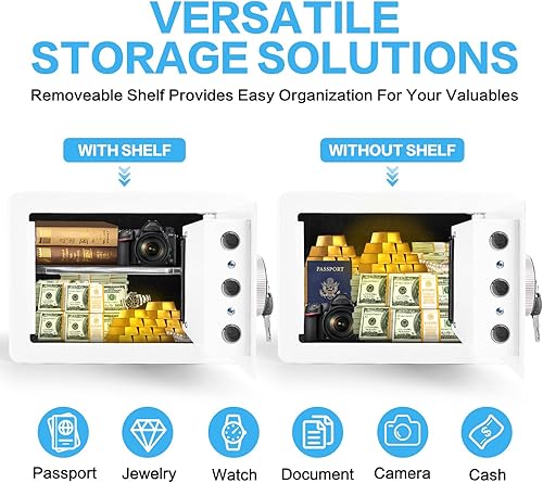 Miniatura 5 de Caja fuerte biométrica de 0.6 pies cúbicos, segura para huellas dactilares con bolsa ignífuga, estante extraíble, sistema de alarma, caja de dinero