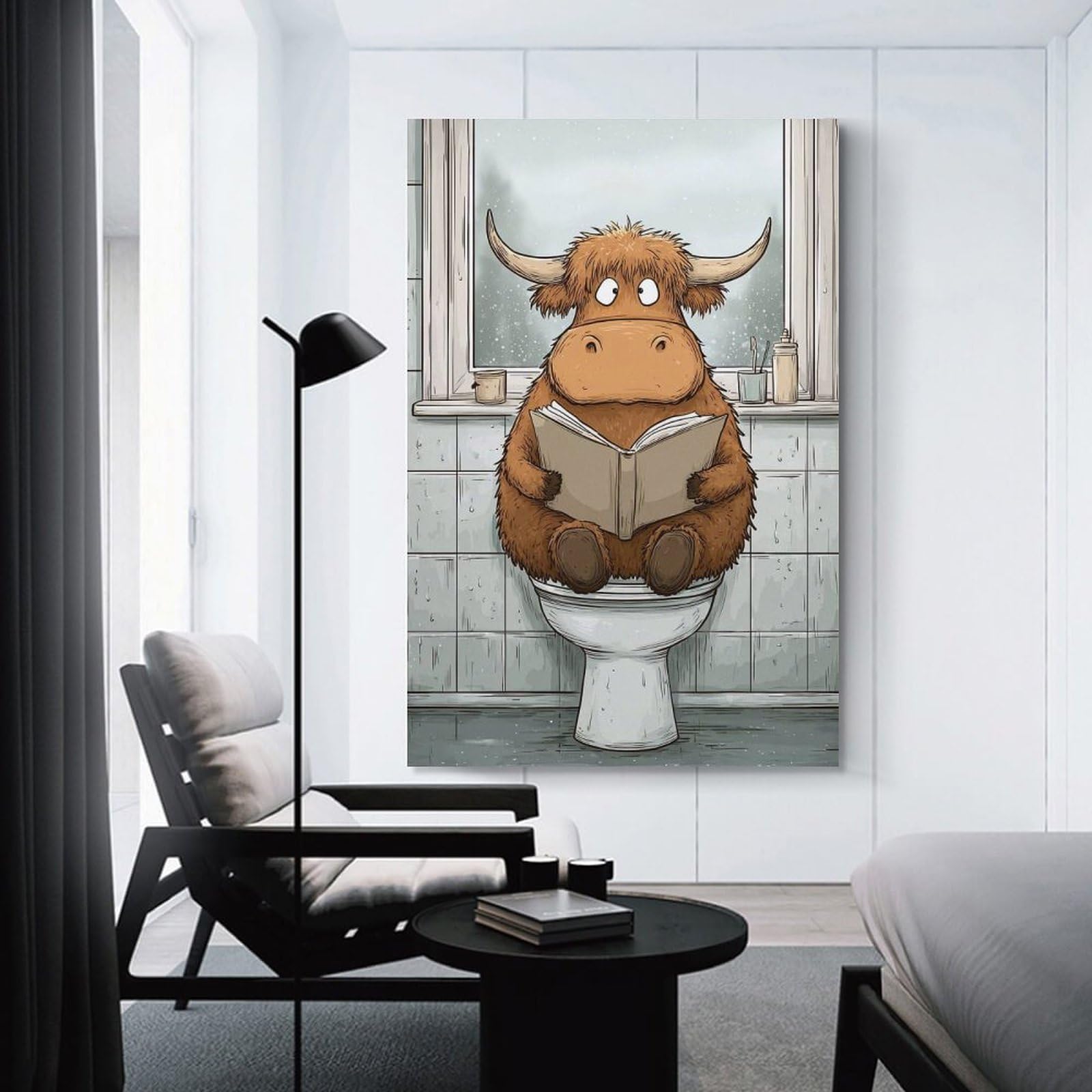 Junmoney Unframe-Style-6 Highland Cow Reading On Toilet Hanging Wall Art, 24X36inch(60X90cm), For Gallery Wall Decor And Room Displays, Home Wall Art For Statement Displays