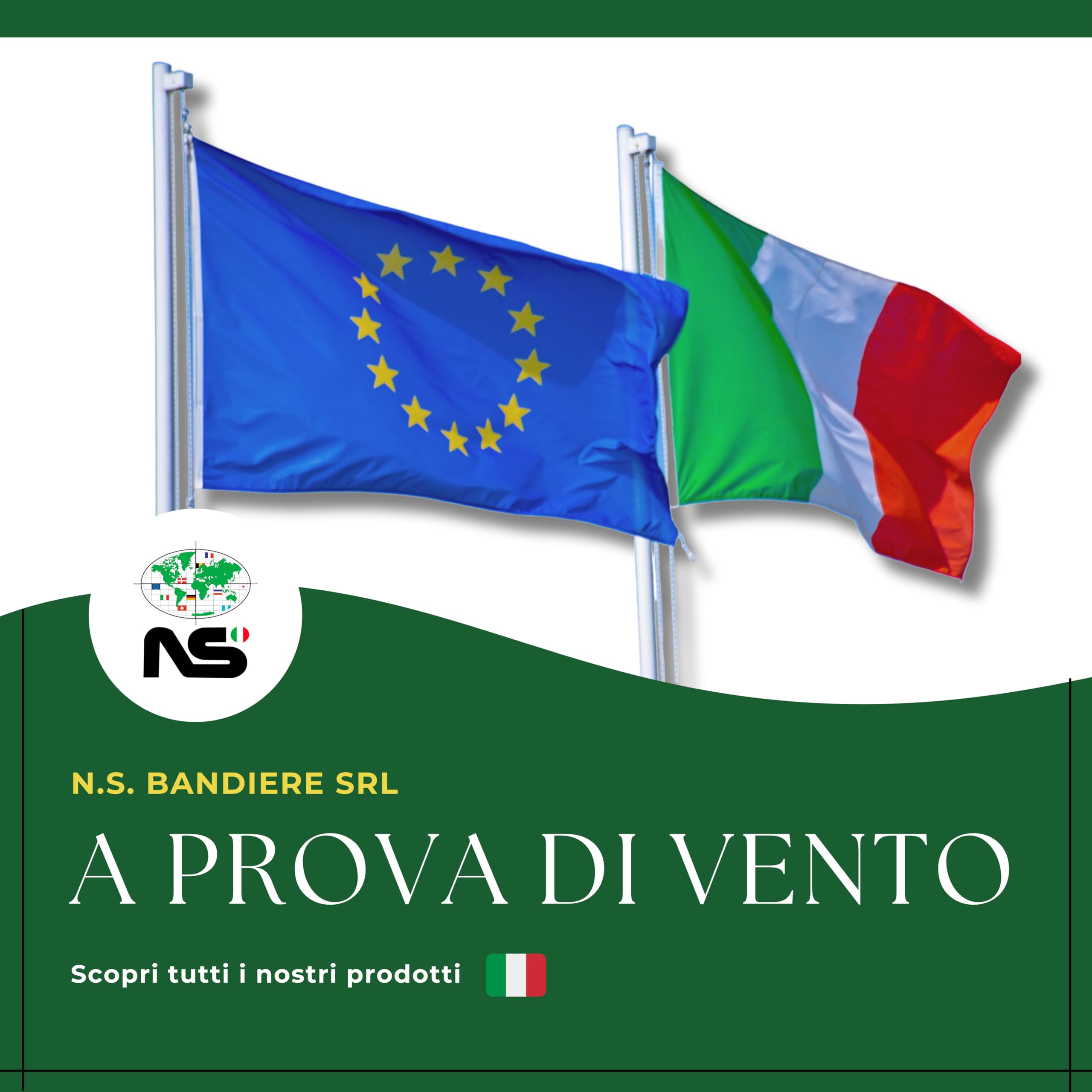 NS Bandiere | Set 2 Bandiere Italia-Europa cm 150x225 in Tessuto Poliestere Nautico 130gr con Corda