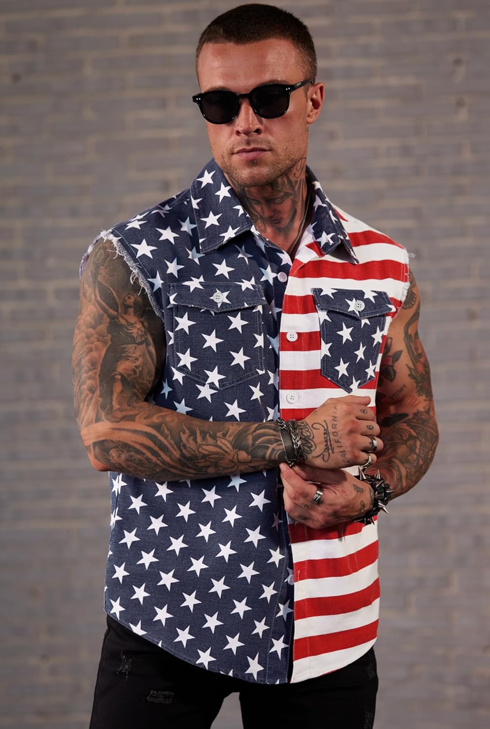 Mainfini Men's American Flag Denim Vest 4th of July Sleeveless Jacket With Pockets (S-XXL)