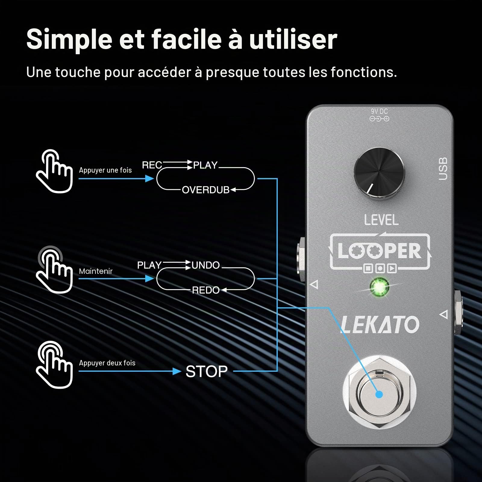 LEKATO Guitar Looper Loop Pedal Station Unlimited Overdubs Pédale d'effet de boucle de guitare avec 5 minutes de temps d'enregistrement Looper pour guitare électrique basse