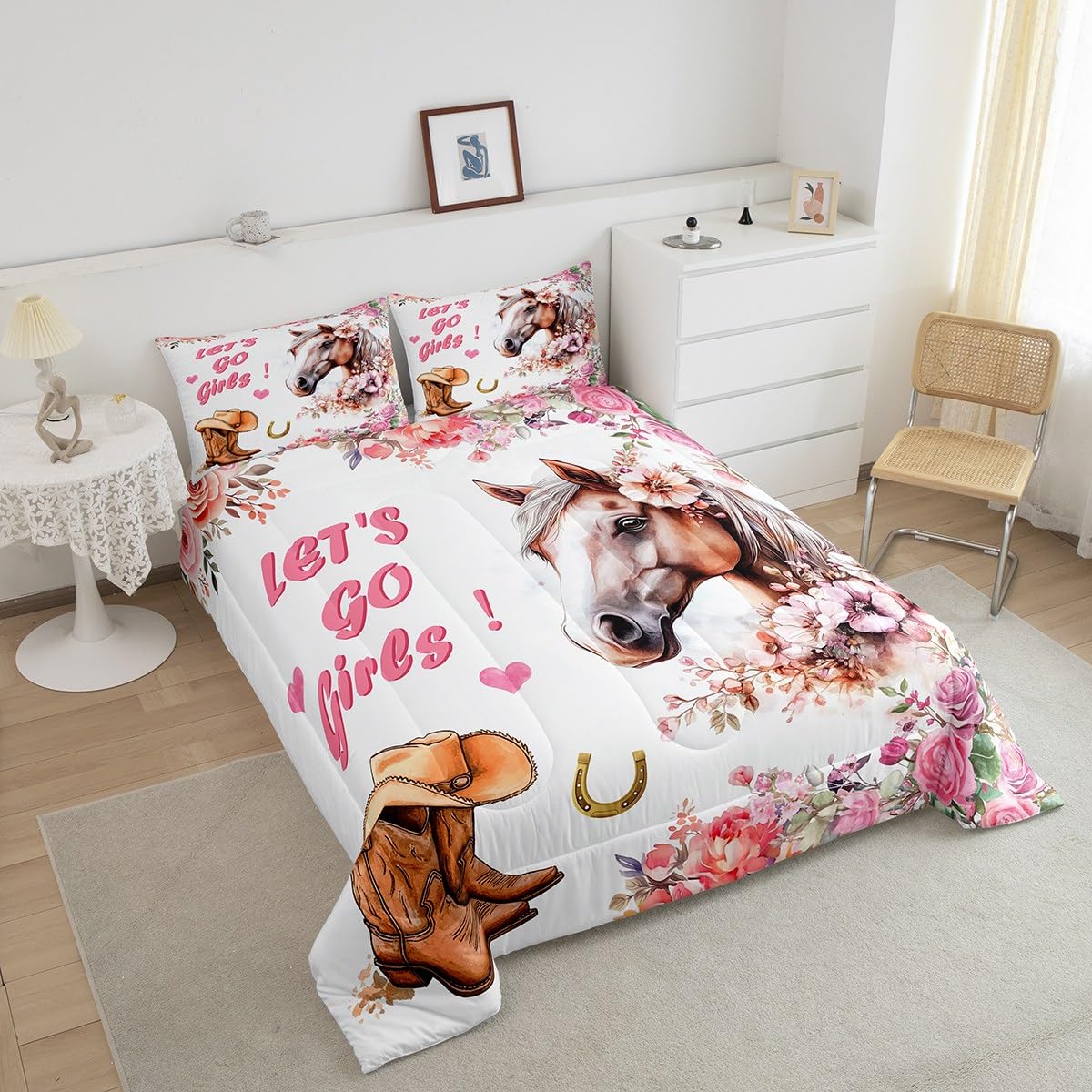 Erosebridal Juego de edredón de caballo, juego de ropa de cama con botas vaqueras occidentales para niñas y adolescentes, juego de cama de caballo de granja del salvaje oeste, decoración rústica de