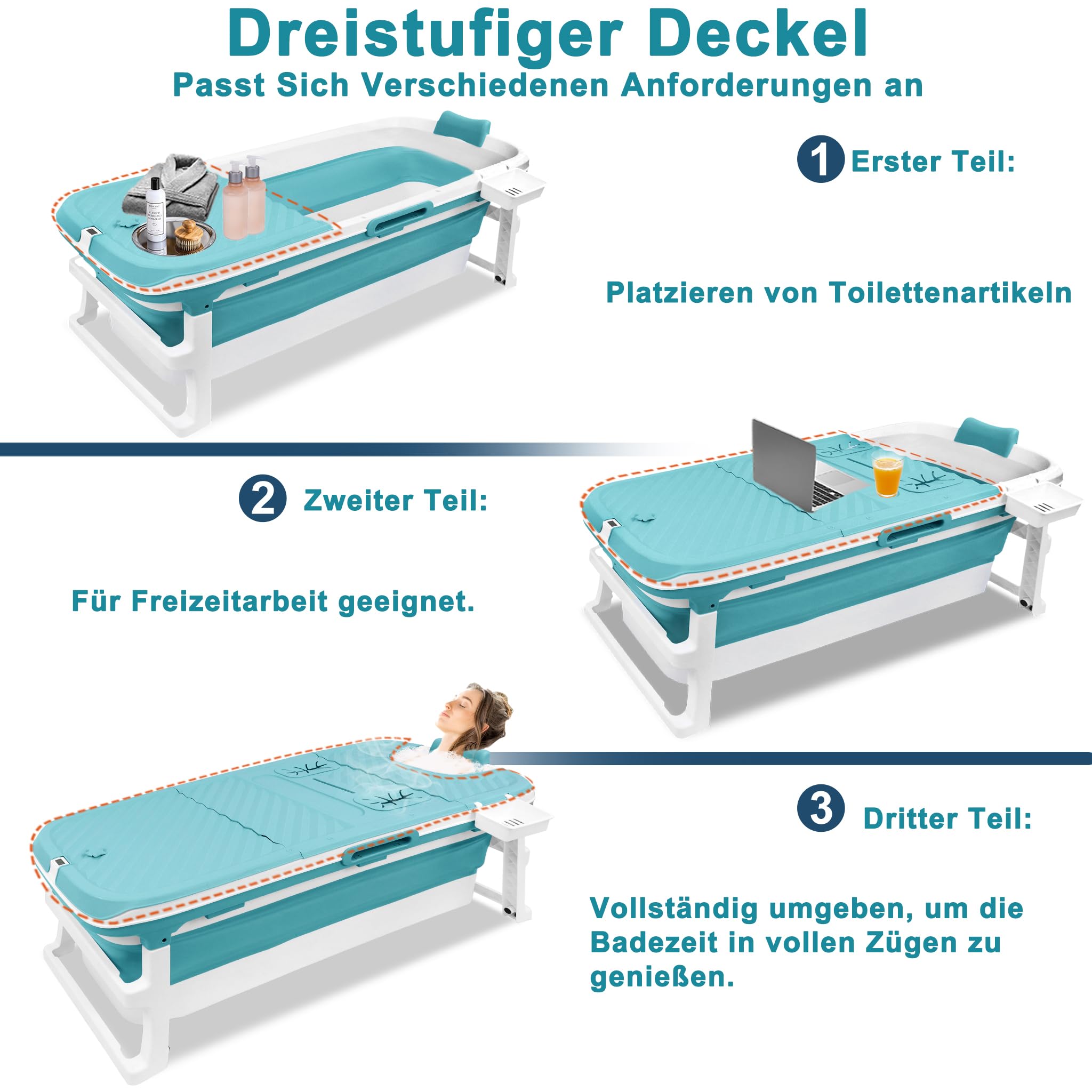 LARS360 Badewanne Erwachsene Faltbare 149 x 64 x 54 cm Klappbare Mobile Badewanne mit abnehmbare Abdeckung, Thermometer, Massagerollen Lagerregal, Kissen, Blau