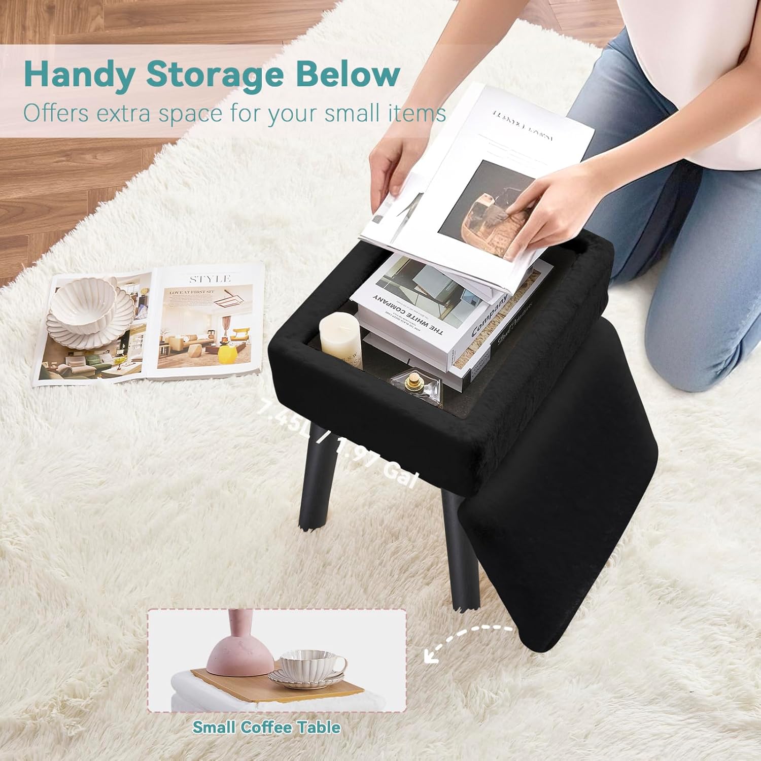 BRIAN & DANY Vanity Stool, Faux Fur Vanity Stool Chair with Storage, Rectangle Makeup Chair Soft Padded Seat with Legs for Bedroom (Black)