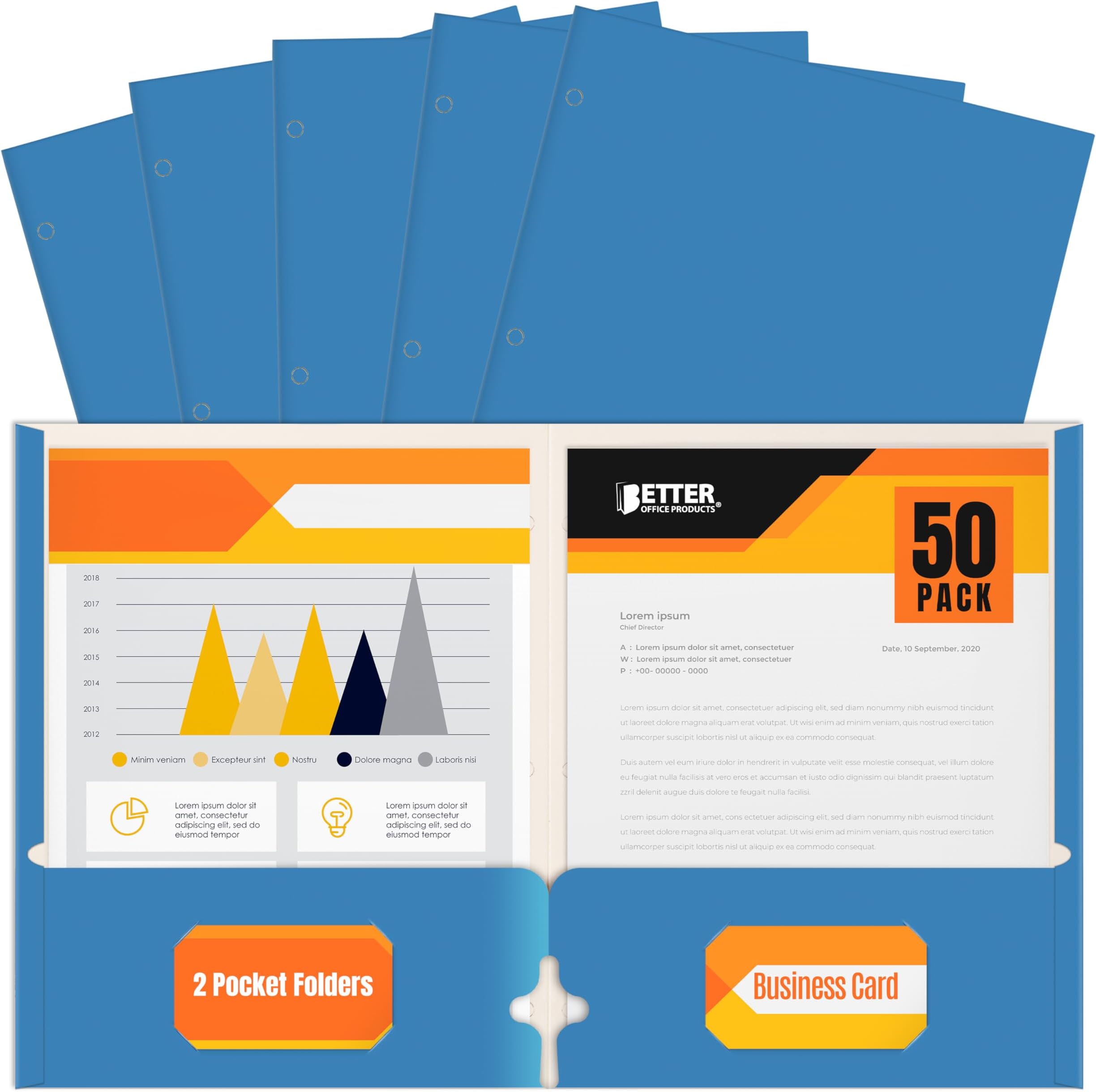 Better Office Products Two Pocket Portfolio Folders, 50-Pack, Light Blue, Letter Size Paper Folders, 50 Pieces, Lt. Blue
