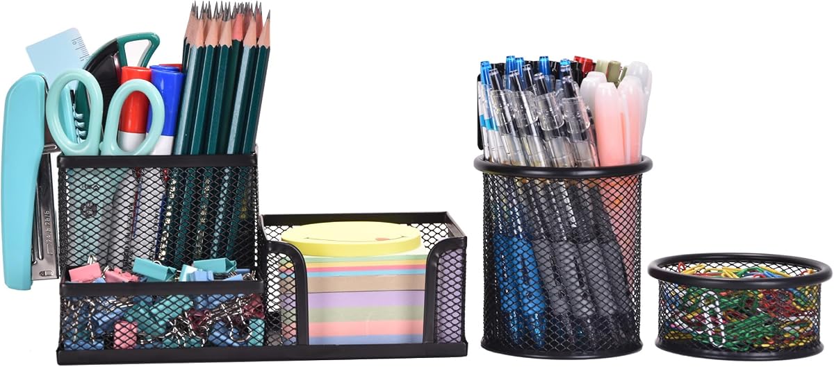 Freewindo Mesh Desk Organizer, Set of 3 Pen Holder Office Desk Accessories with Pencil Holder Sticky Note Holder, Pencil Cup and Paperclips Cup