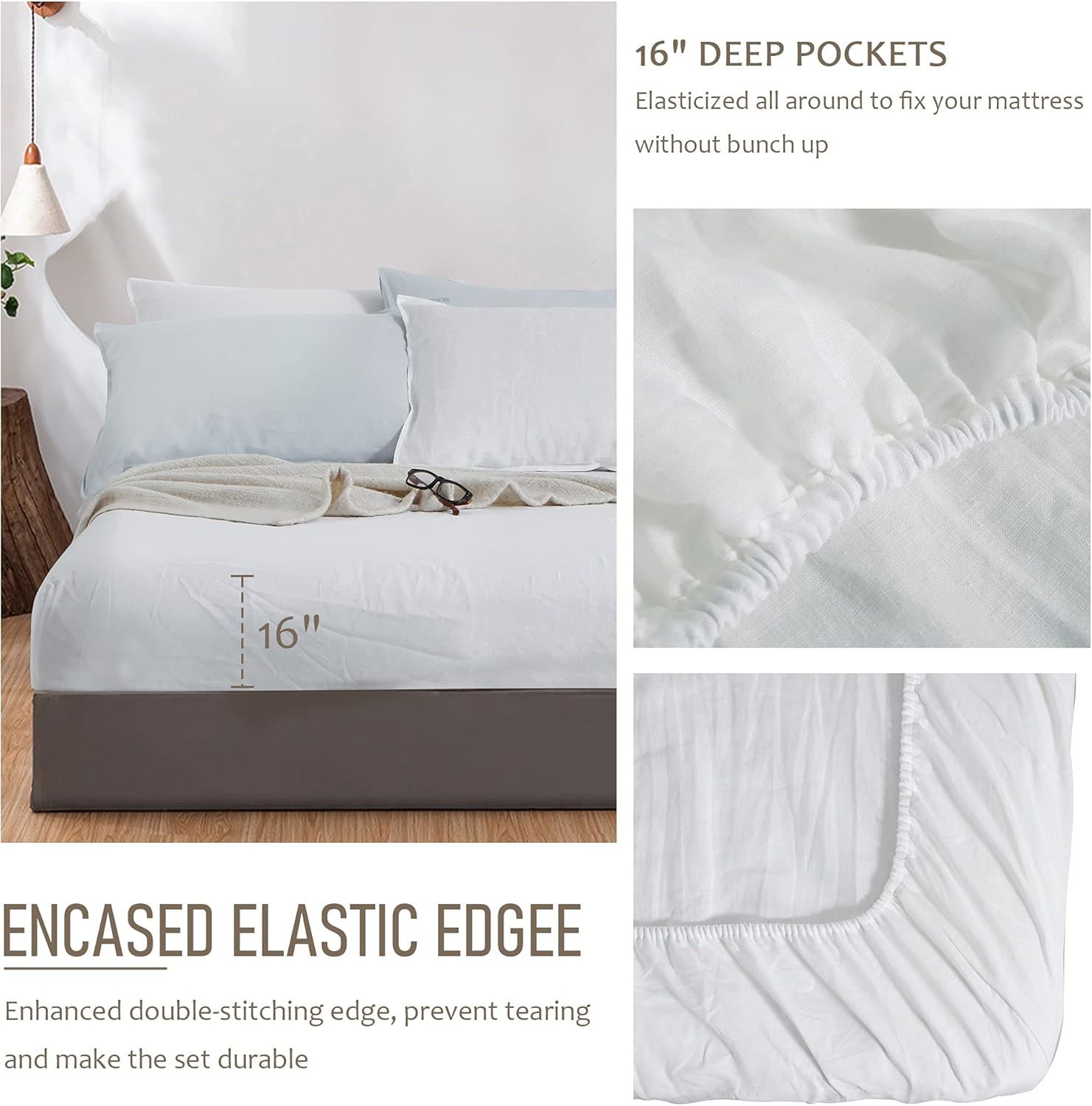 EVERLY Linen King Size Sheets Set, 100% Stonewashed French Linen Bed Sheets Deep Pocket Sheets, 4 Pieces (1 Flat Sheet, 1 Fitted Sheet, 2 Pillowcases) Natural Flax Bedding Set, White : Home & Kitchen