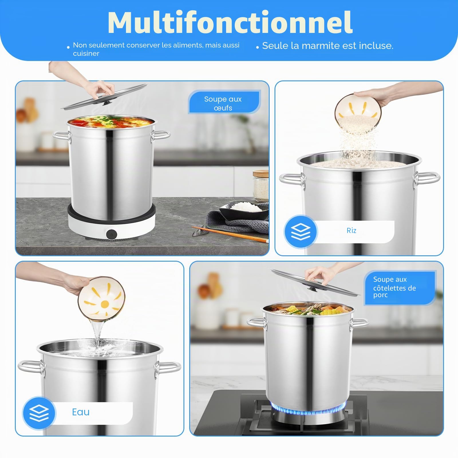 Marmite Traiteur en Acier Inoxydable 35L, Marmite Traiteur avec Couvercle, Trou Vapeur, Poignées Métal - Tous Feux dont Induction - Triple Fond Diffuseur, Argenté Epaisseur 3cm