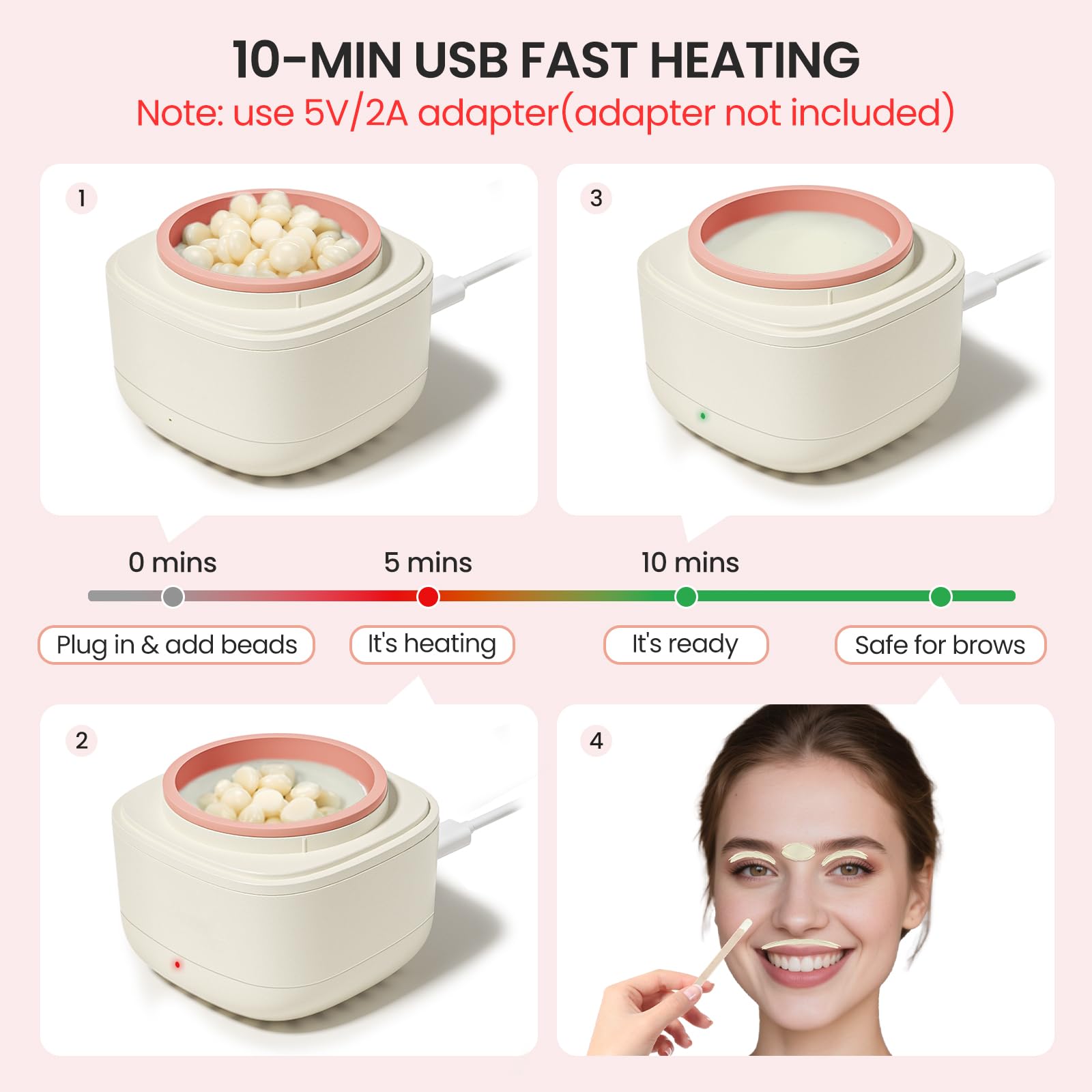 Mini-Augenbrauen-Wachsset für Frauen, USB-Schnellheizung, Wachswärmer mit intelligenter konstanter Temperatur, 100 g Perlen und 26 Stäbchen für präzise Gesichtshaarentfernung, Reise-tragbarer
