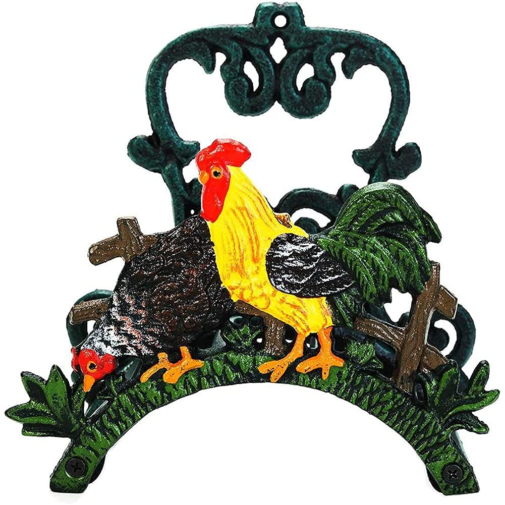Soporte de manguera montado en la pared para jardín de hierro fundido, soporte de manguera de metal para gallo encantador, carrete de estante de manguera para interiores y exteriores decorativo de e
