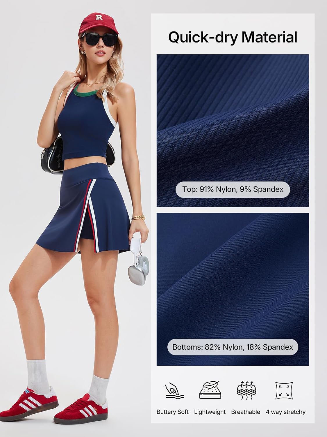 Women’s 2 Piece Tennis Skirt Set Athletic Side Slit Skort with 4 Pockets & Padded Racerback Crop Top for Pickleball Golf