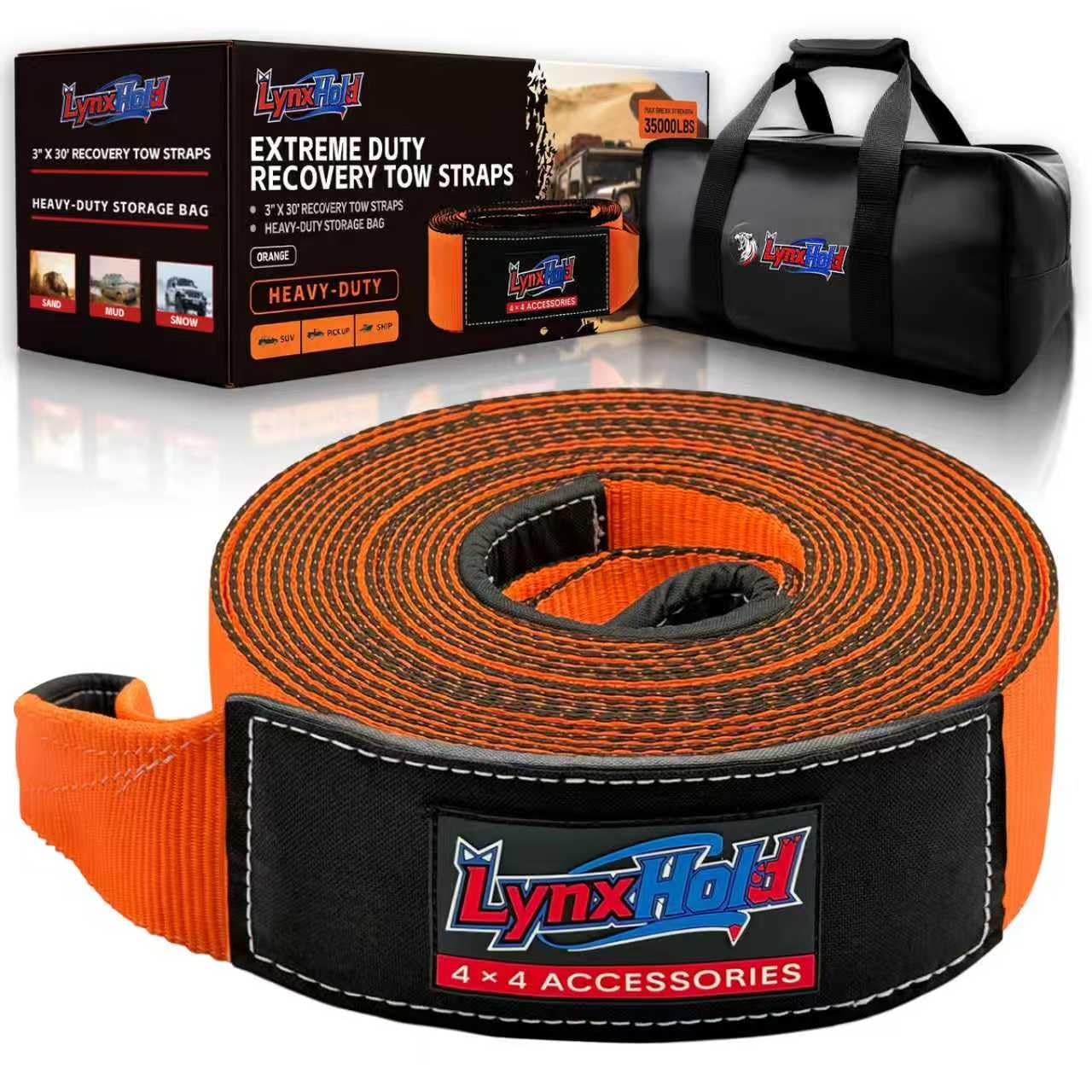 Recovery Tow Strap with Reinforced Loops 3" x 30ft Heavy Duty 35000 LBS Break Strength Emergency Recovery Tow Strap Winch Extension Rope for Car, Truck, Jeep, ATV, SUV, Tree Saver, Winch Extension