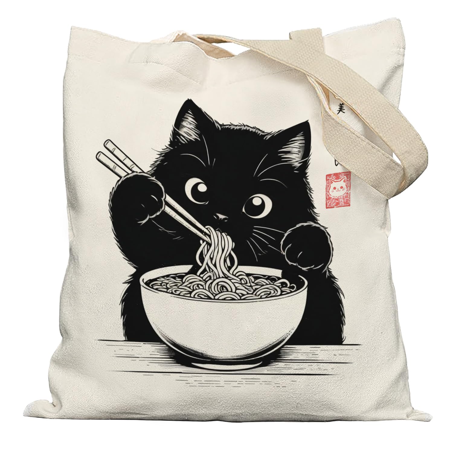 APJYM Funny Japanses Noodle Cat Tote Bag, Cat Mom Lovers Owners Gifts Canvas Tote Bags for Women, Cute Kitten Reusable Grocery Shopping Bags
