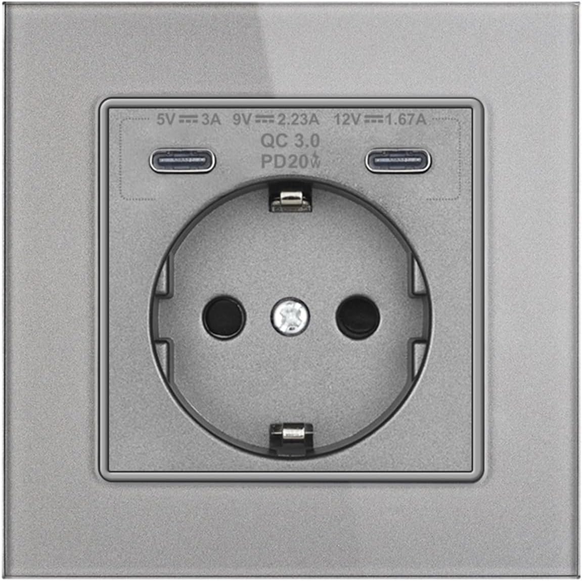 Grey Glass EU German Socket - 220V 16A, USB Switch for Living Room TV and Study PC, 2/3-Gang Wall Outlet Home Office Russia(2C 20w Socket)