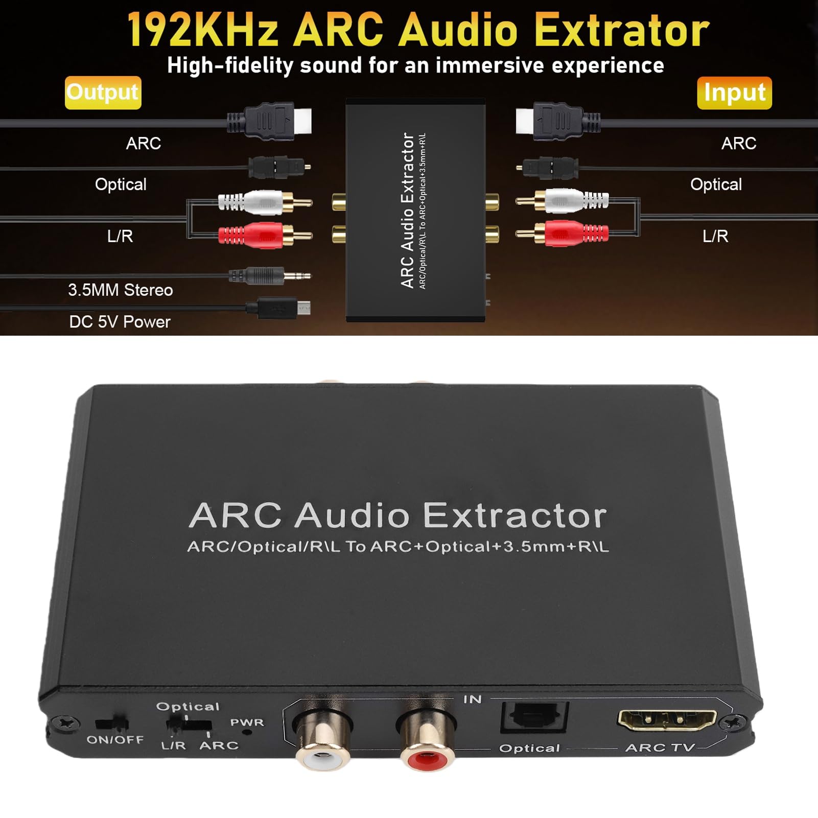 Denash Konwerter DAC ARC Optical LR na 3.5mm, Przetwornik Optyczny na | Digital to Analog Converter with 24bit 192KHz, Supports 5.1 Channel for TV Speaker System