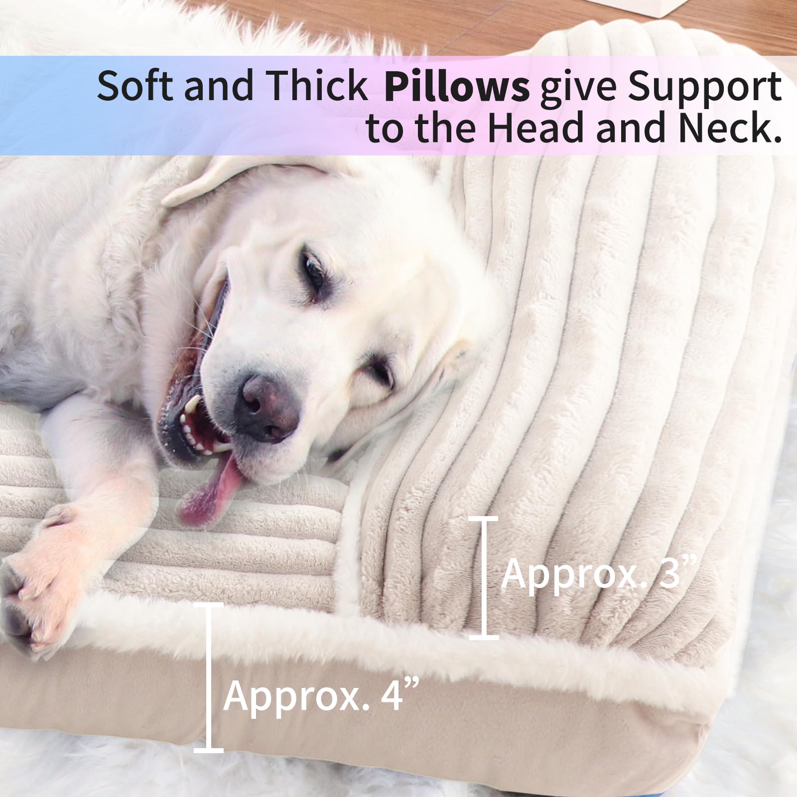 Luxury Dog Bed with Pillow Deluxe Flannel Pet Bed with Removable Washable Cover & Anti-Slip Bottom, Super Soft Dog Sofa Fluffy Dog Mat for Crate Kennel (Cream, Large(36 * 23 * 3 in))