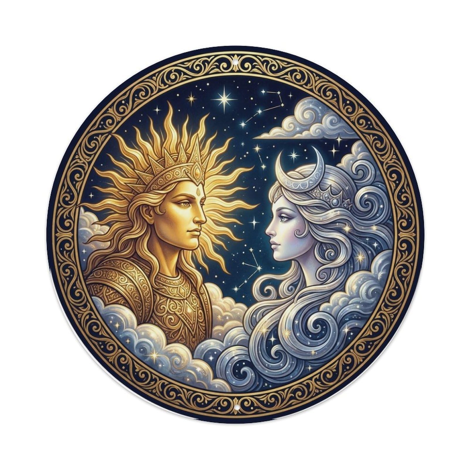 Sun Moon Celestial Faces Duality Stars Symbol Metal Tin Sign