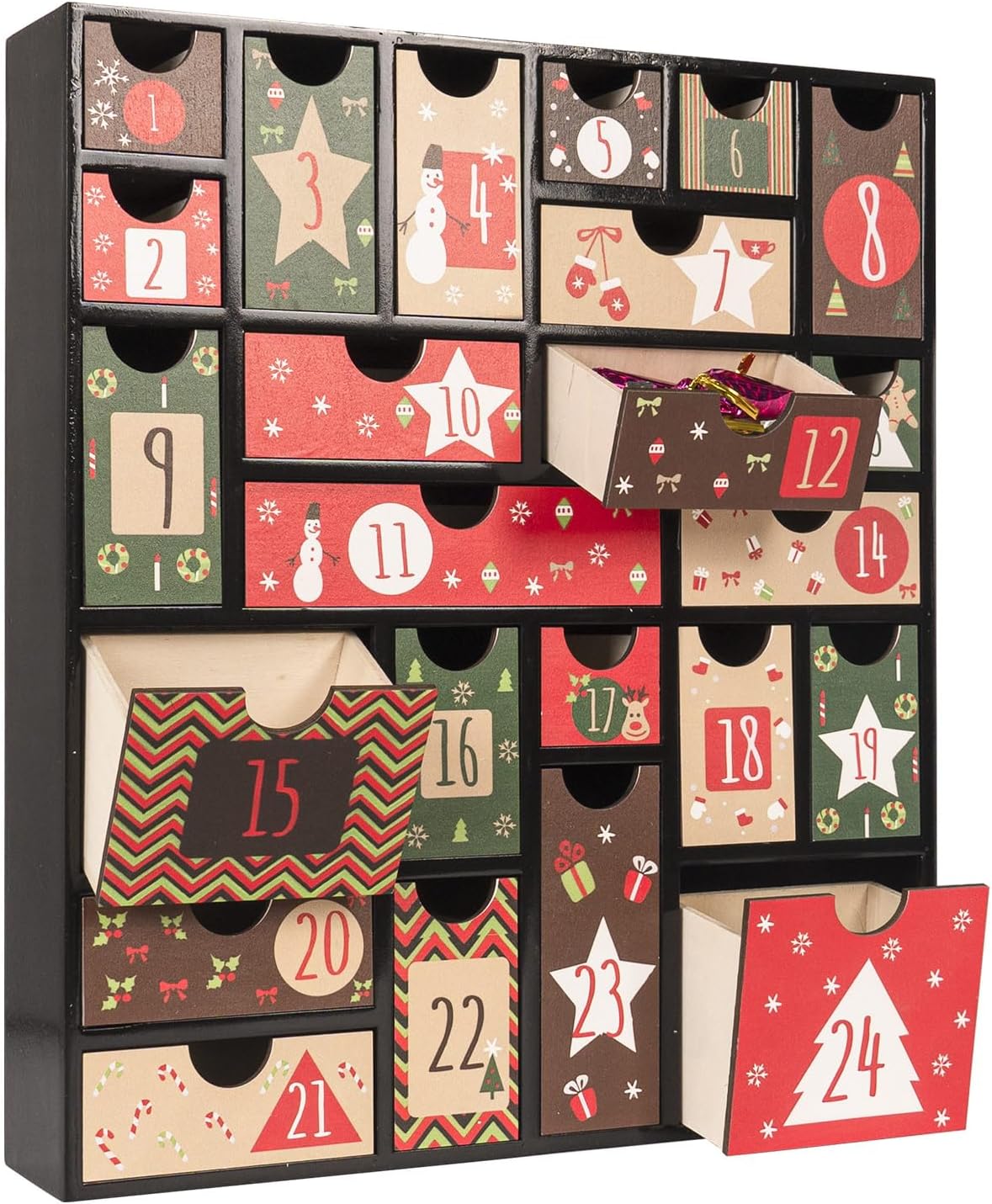 Wooden Advent Calendar to Fill, 14.6×12.6 Inch 24-Day Refillable Empty Christmas Countdown Calendar with Drawers, 2025 Xmas Gift for Kids Holiday Home Decorations