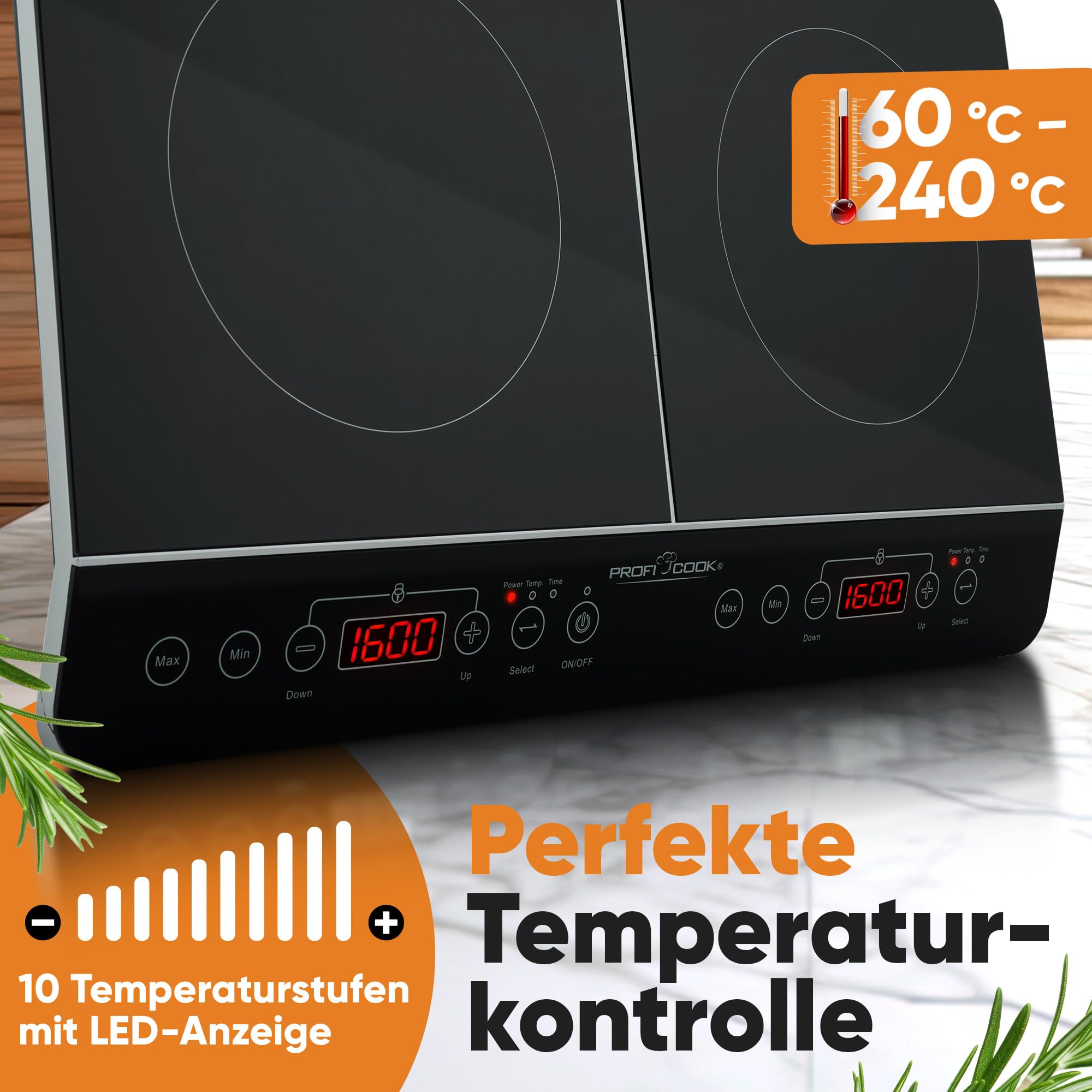 ProfiCook® Induktionskochplatte 2 Platten | heiß in Sekundenschnelle | 10 Stufen | Timer | bis 240°C Induktionsplatte doppelt | Induktionskochfeld 2 Platten | Induktionskochplatte | PC DKI 1067