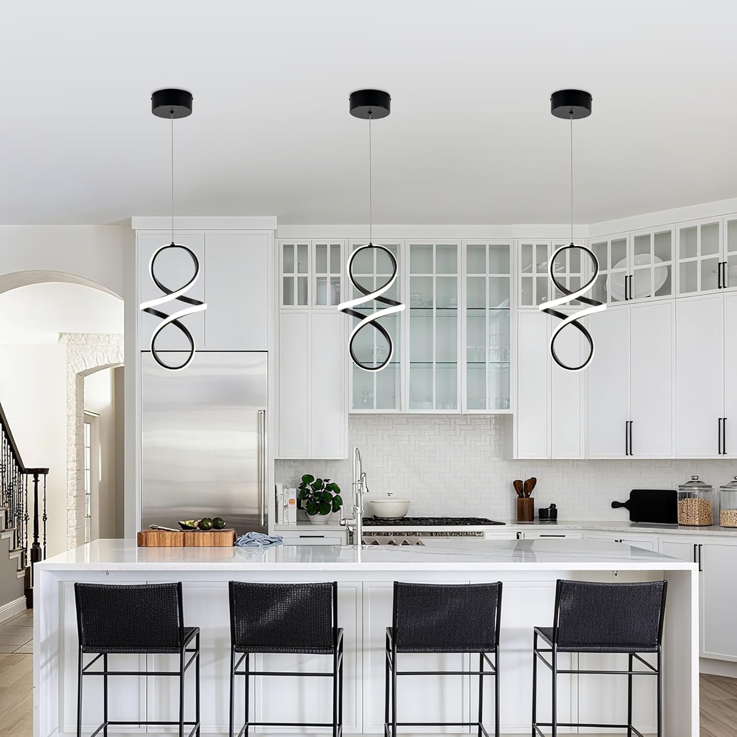 MAYNA Modern Spiral Led Chandelier, 4000K Pendant Light Kitchen Island, 18W Adjustable Height Island Light Fixture for Kitchen Bedroom Kitchen Island Cafe, 3 Pack (Black)