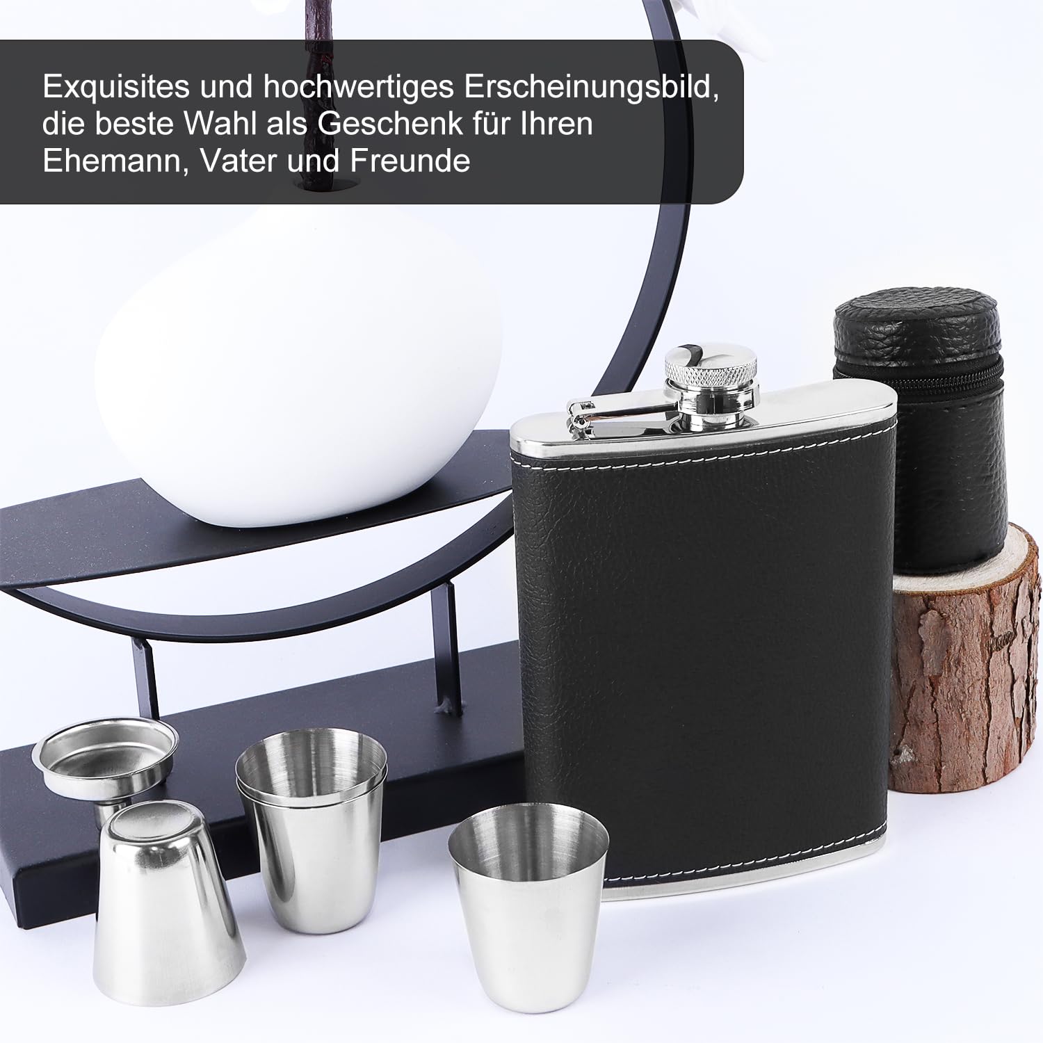 Fiaschetta In Acciaio Inox Da 227ml - Con Imbuto E 4 Tazze, Rivestita In Pelle, Per Escursionismo E Regali - Foto 5