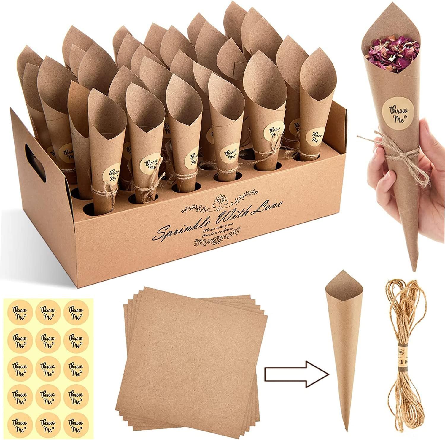 P PIPITA 30 Pcs Party Confetti Cone Holder Box Set Stand Tray Box Petals Bouquet Candy Wedding,Engagement, Party, Birthday Confetti Cones Confetti Cone Holder Favor Include Ropes, Adhesive Stickers