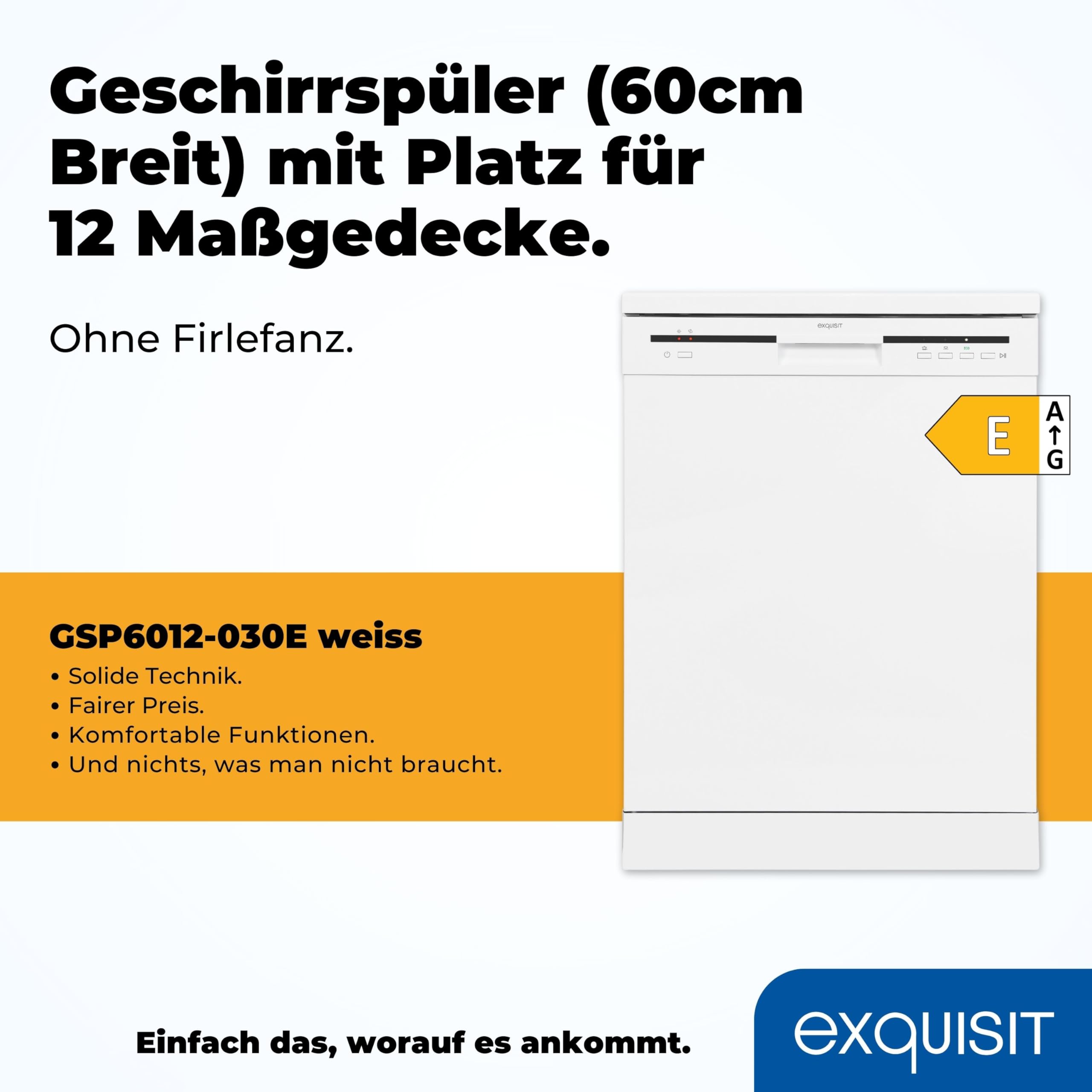 Exquisit Geschirrspüler GSP6012-030E weiss | Geschirrspüler 60 cm unterbaufähig und freistehend | 12 Maßgedecke | LED | Spülmaschine 60 cm freistehend