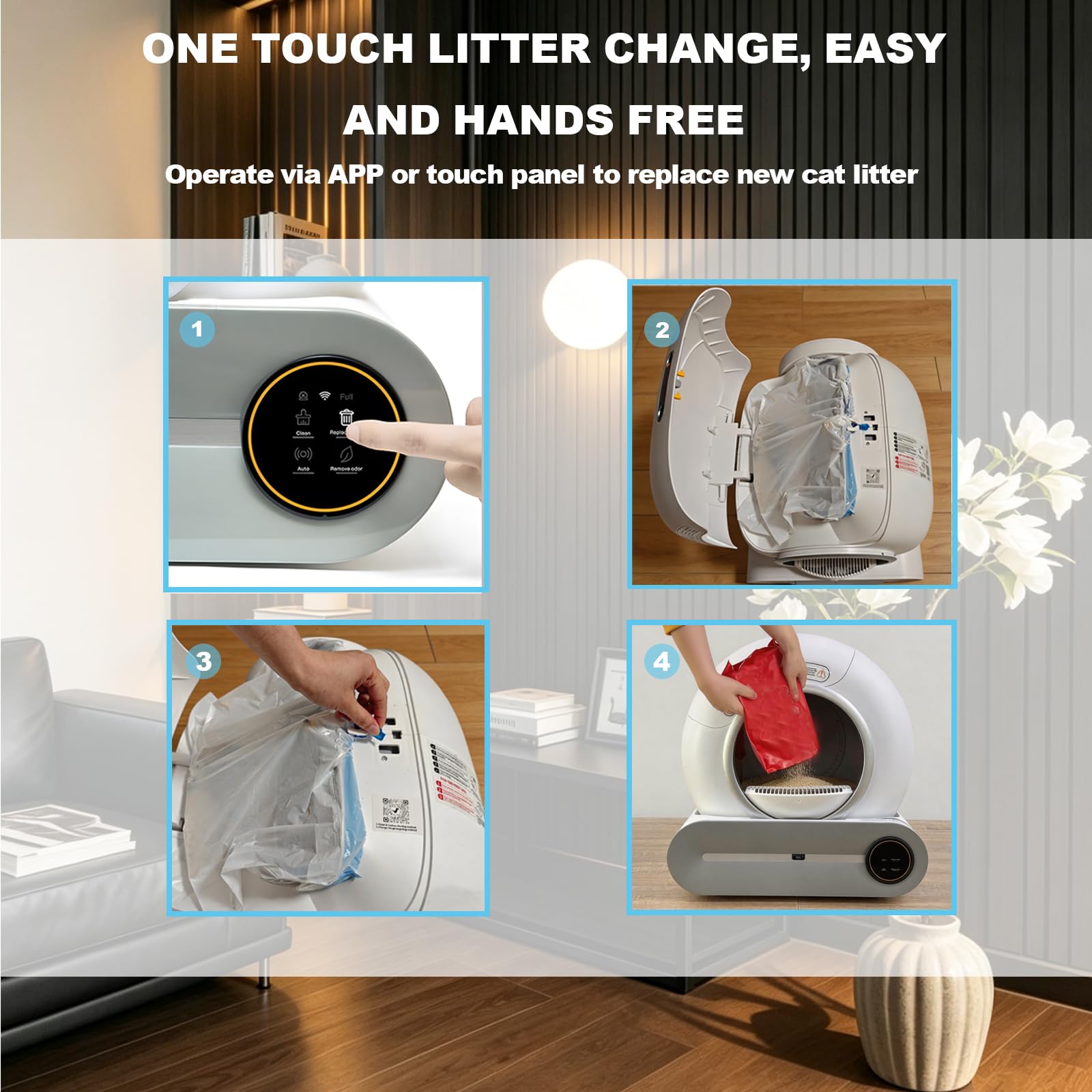 Lettiera Autopulente Per Gatti xxl 74L Lettiera Gatto Autopulente Automatica, Deodorante Ionico, Smart Health Monitor, Comando APP con tappetino e Sacchetti(Bianco A)